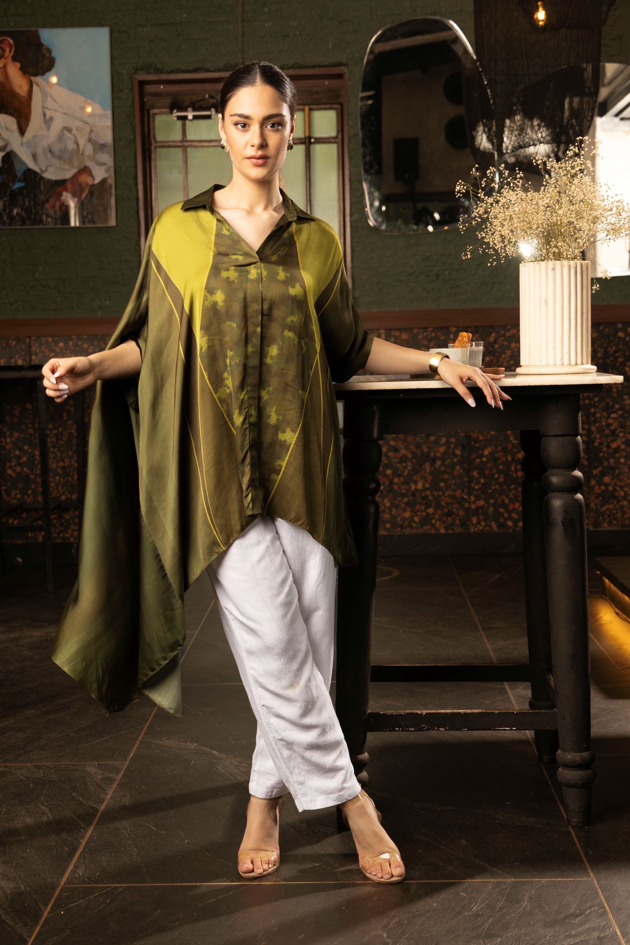 Olive Green Ombre Satin Silk Tunic Top