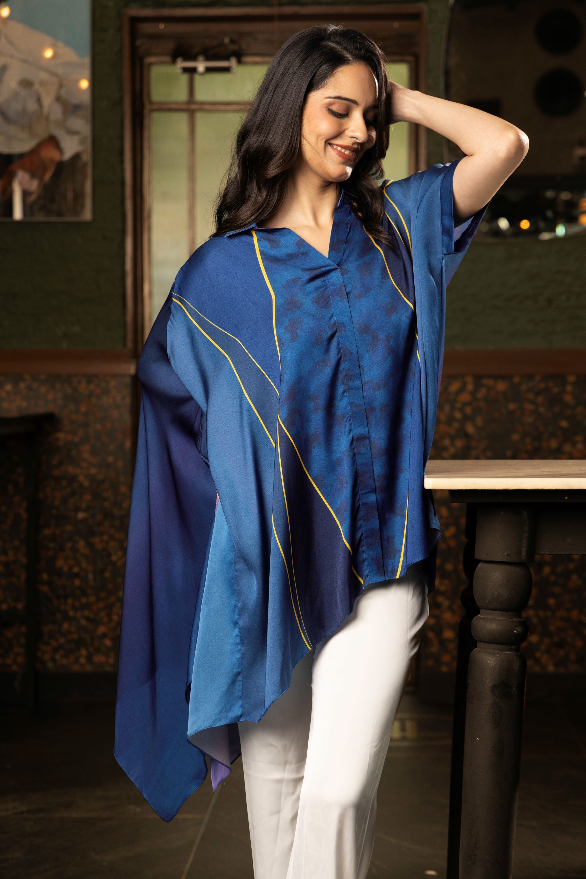 Midnight Blue Ombre Satin Silk Tunic Top