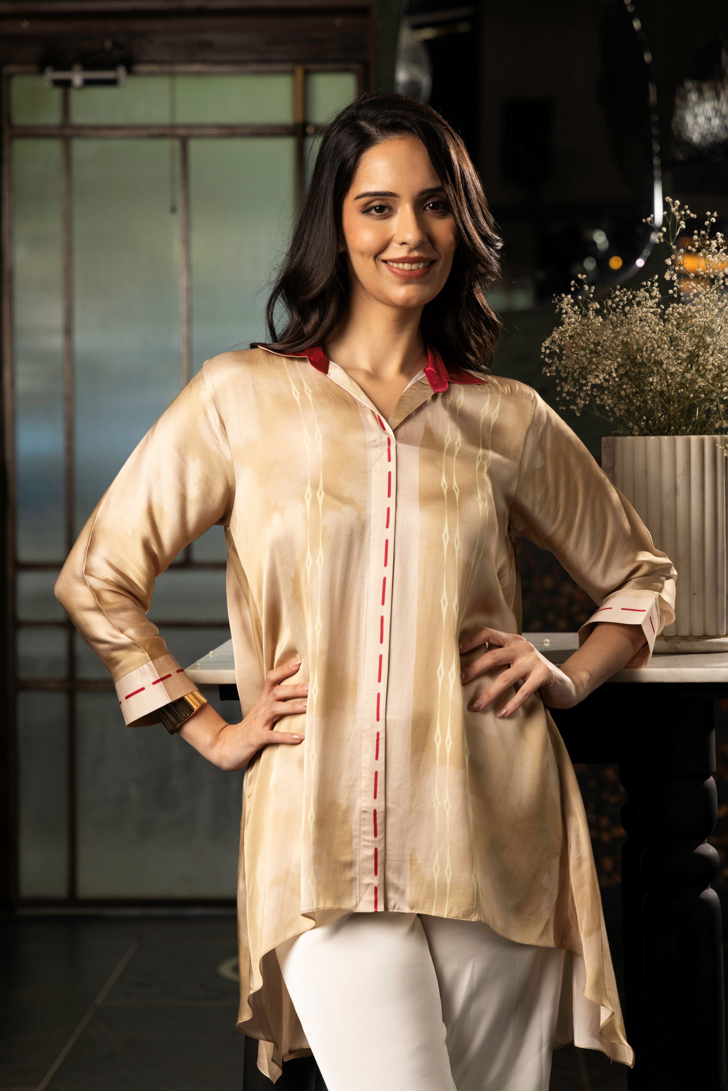 Beige Gold Printed Satin Silk Top