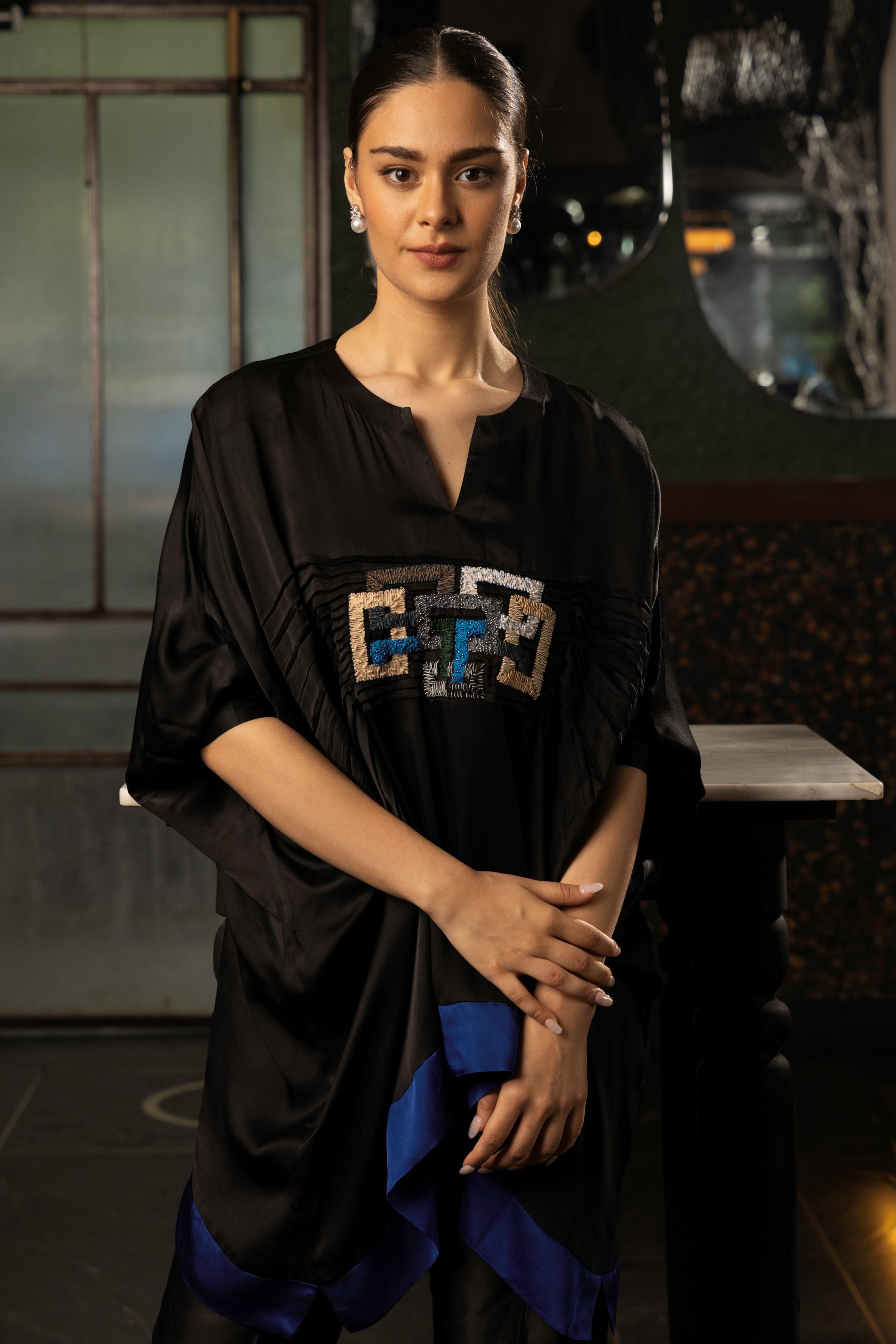 Classic Black Embroidered Satin Silk Co-Ord Set