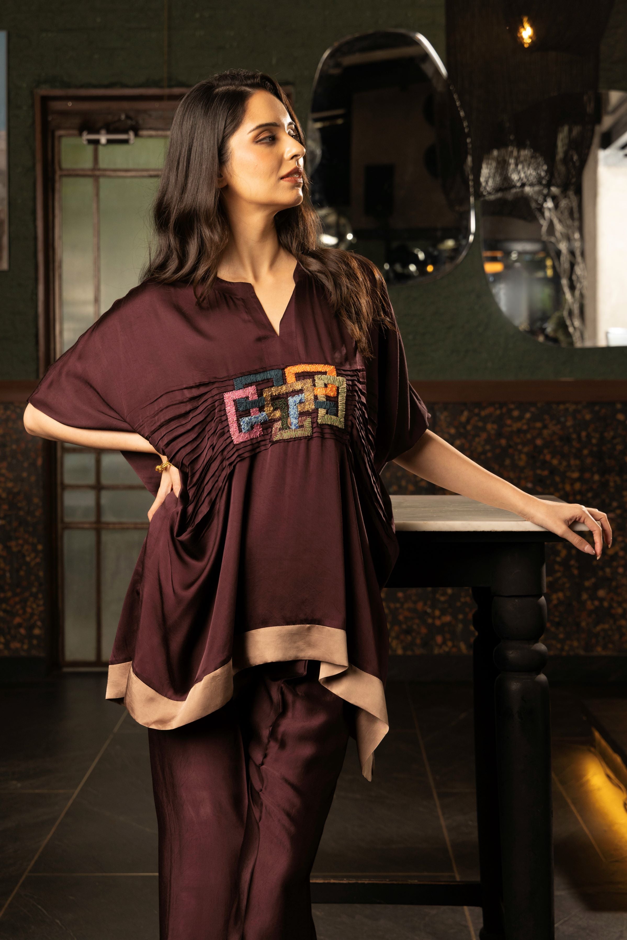Deep Maroon Embroidered Satin Silk Co-Ord Set