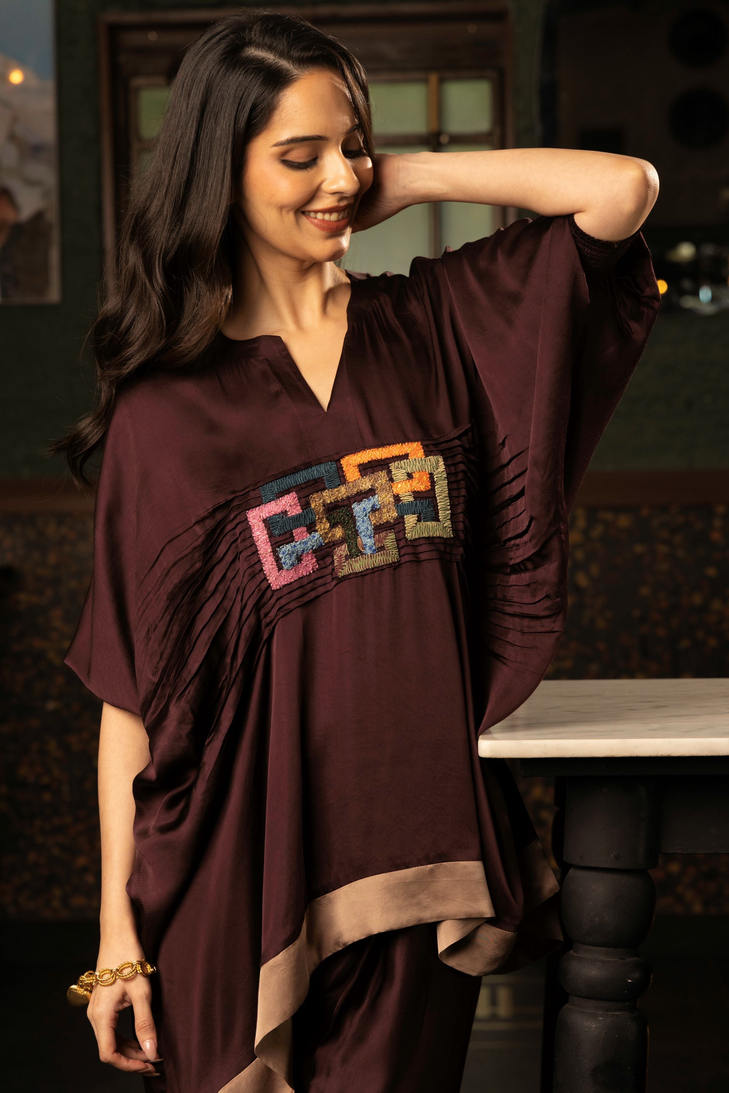 Deep Maroon Embroidered Satin Silk Co-Ord Set