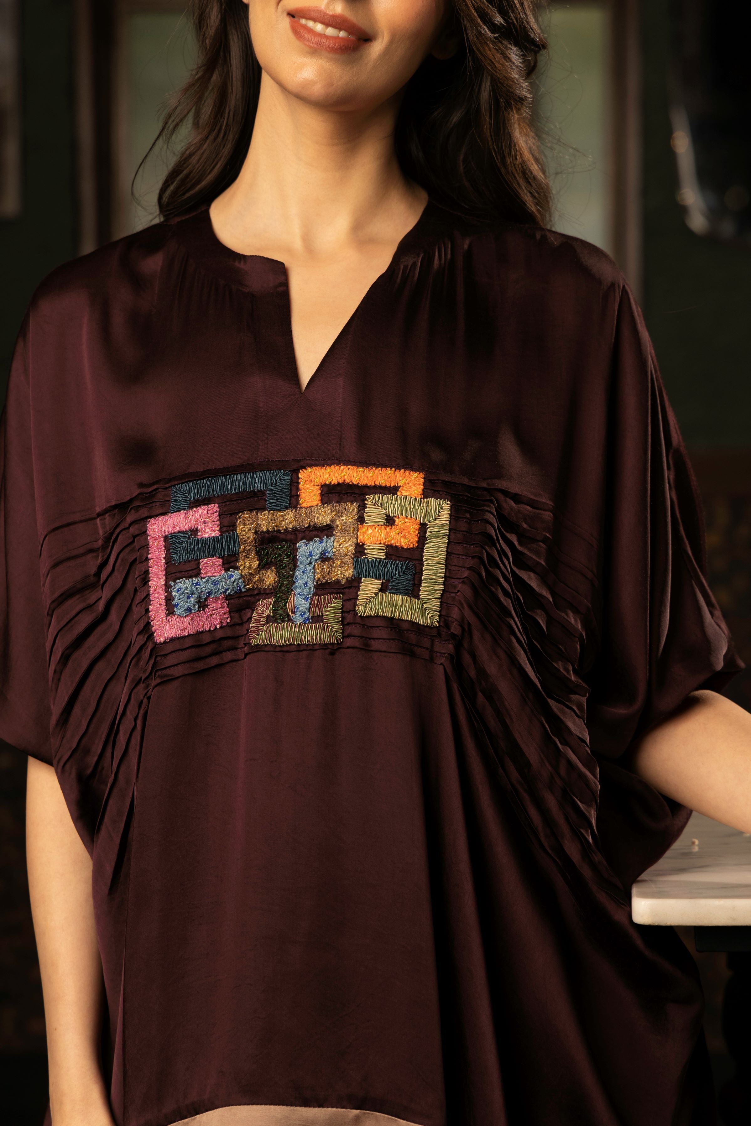 Deep Maroon Embroidered Satin Silk Co-Ord Set