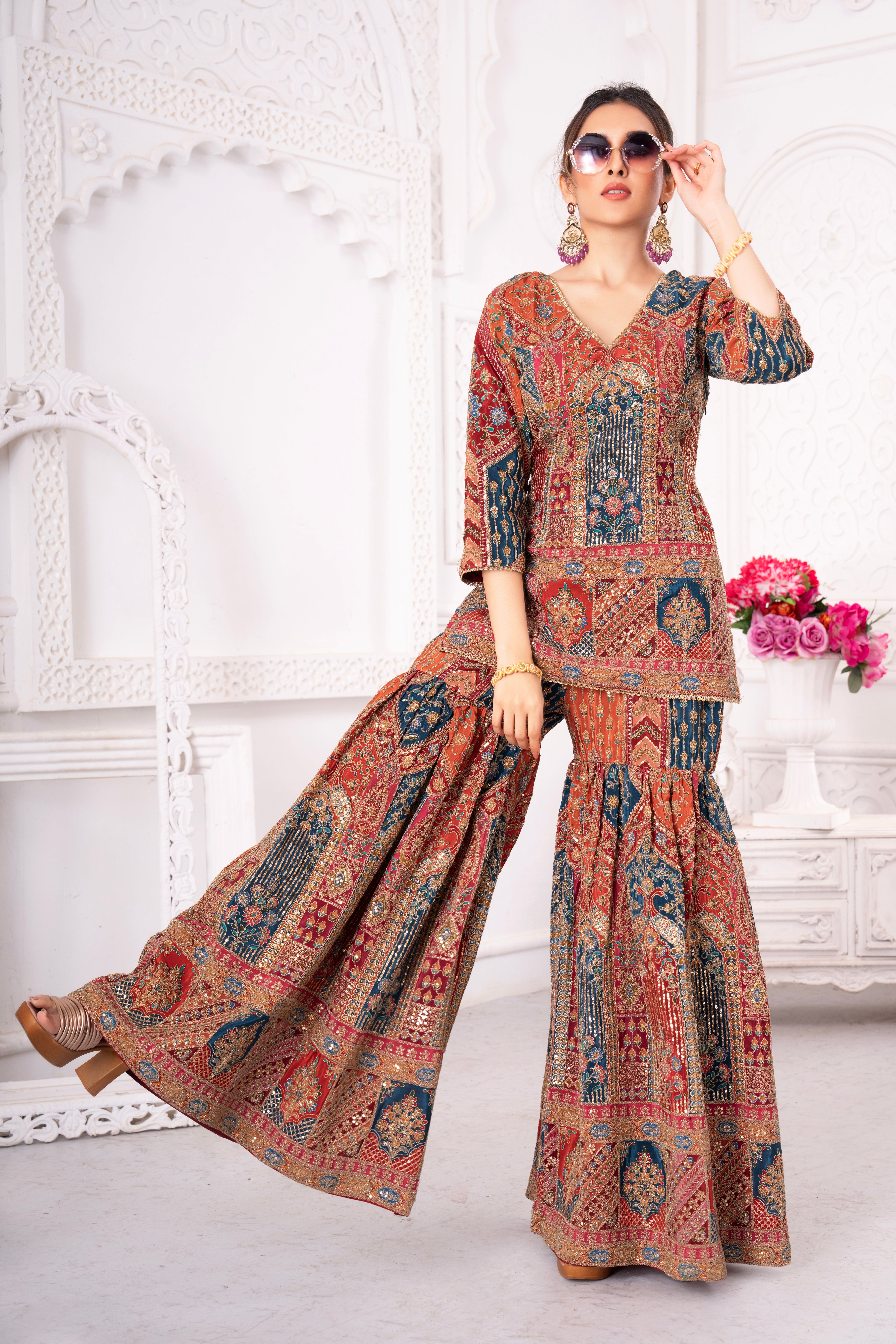 Rustic Red Traditional Work Sharara Set