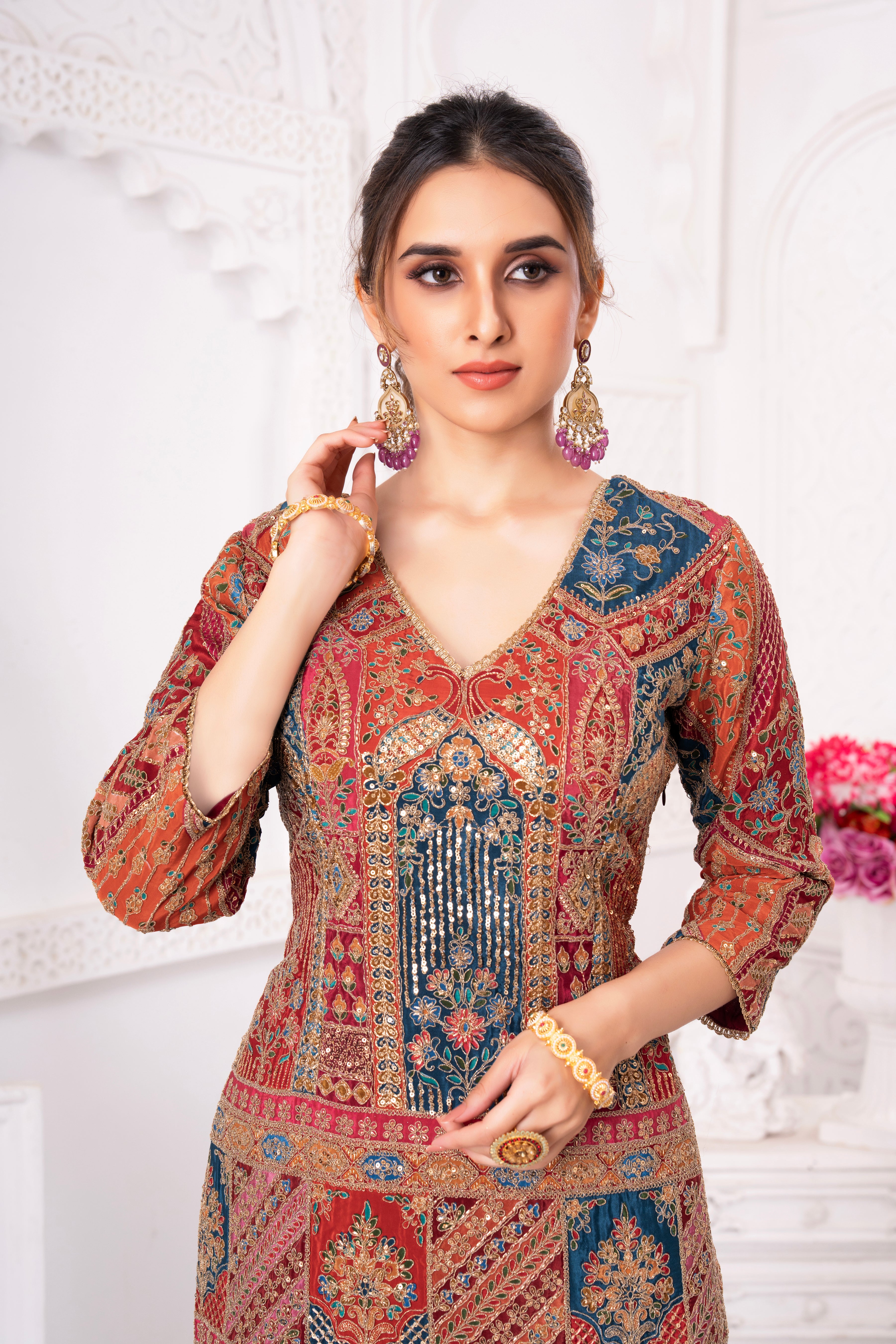 Rustic Red Traditional Work Sharara Set