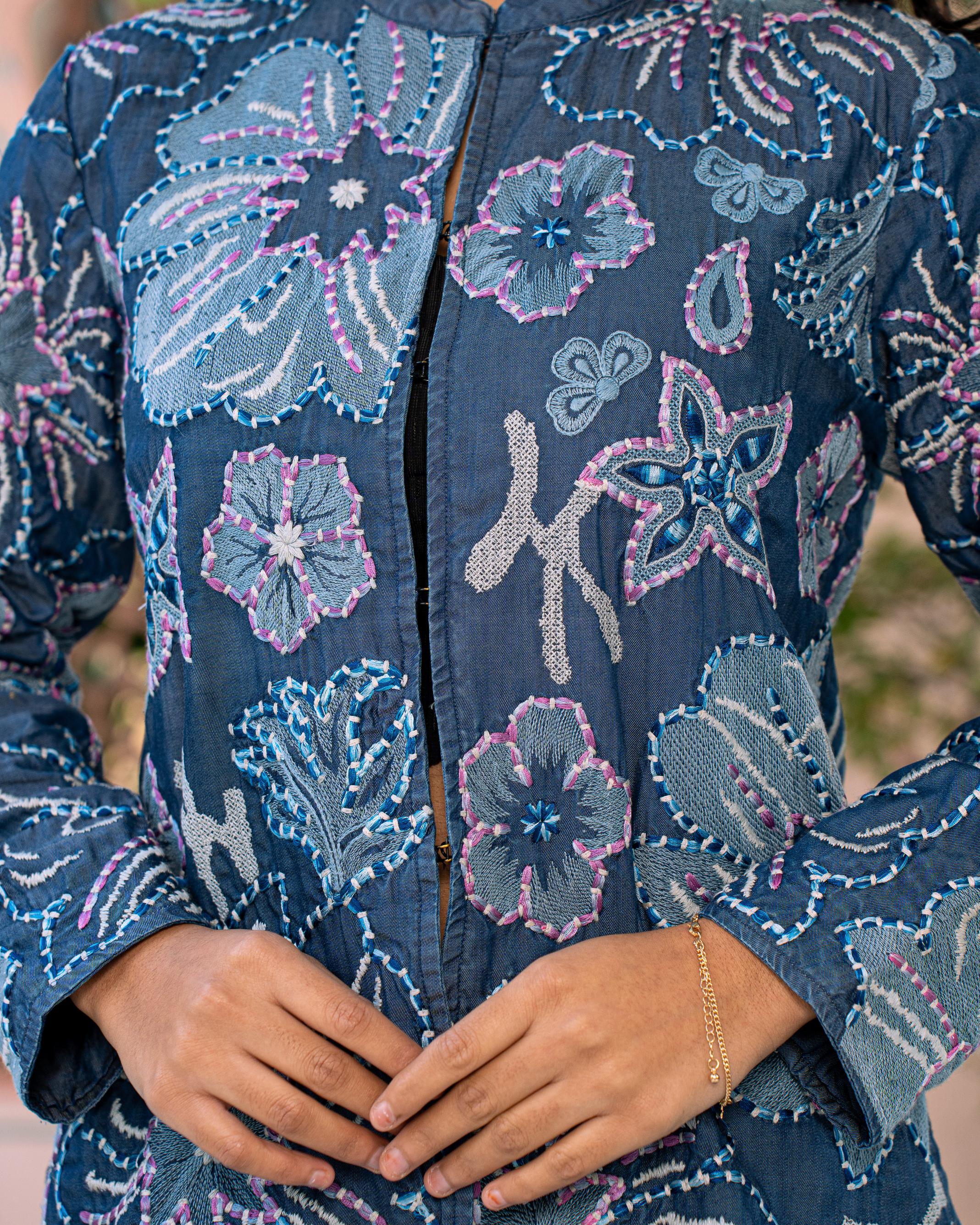 Blue Floral Embroidered French Cotton Jacket