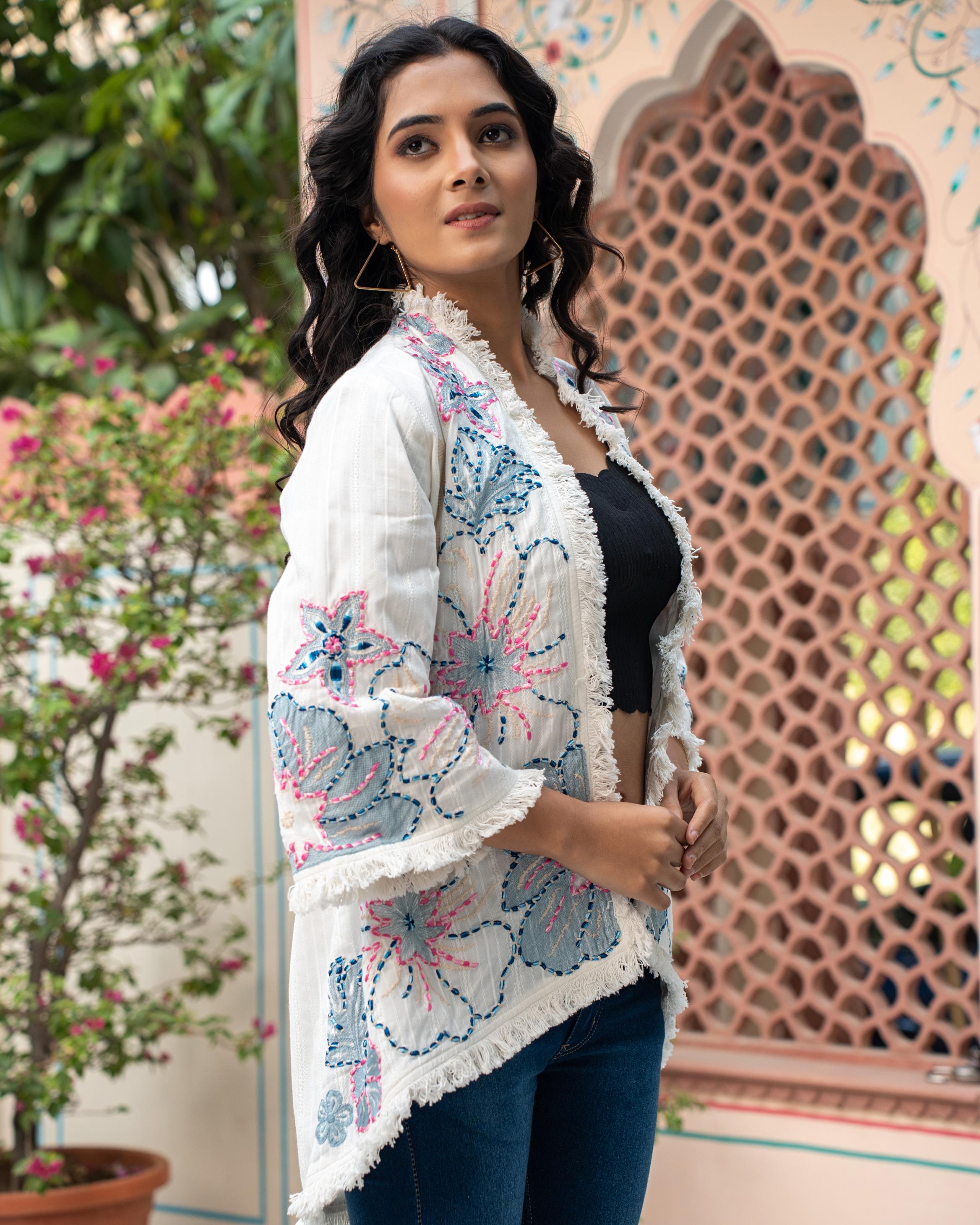 White Floral Embroidered French Cotton Shrug