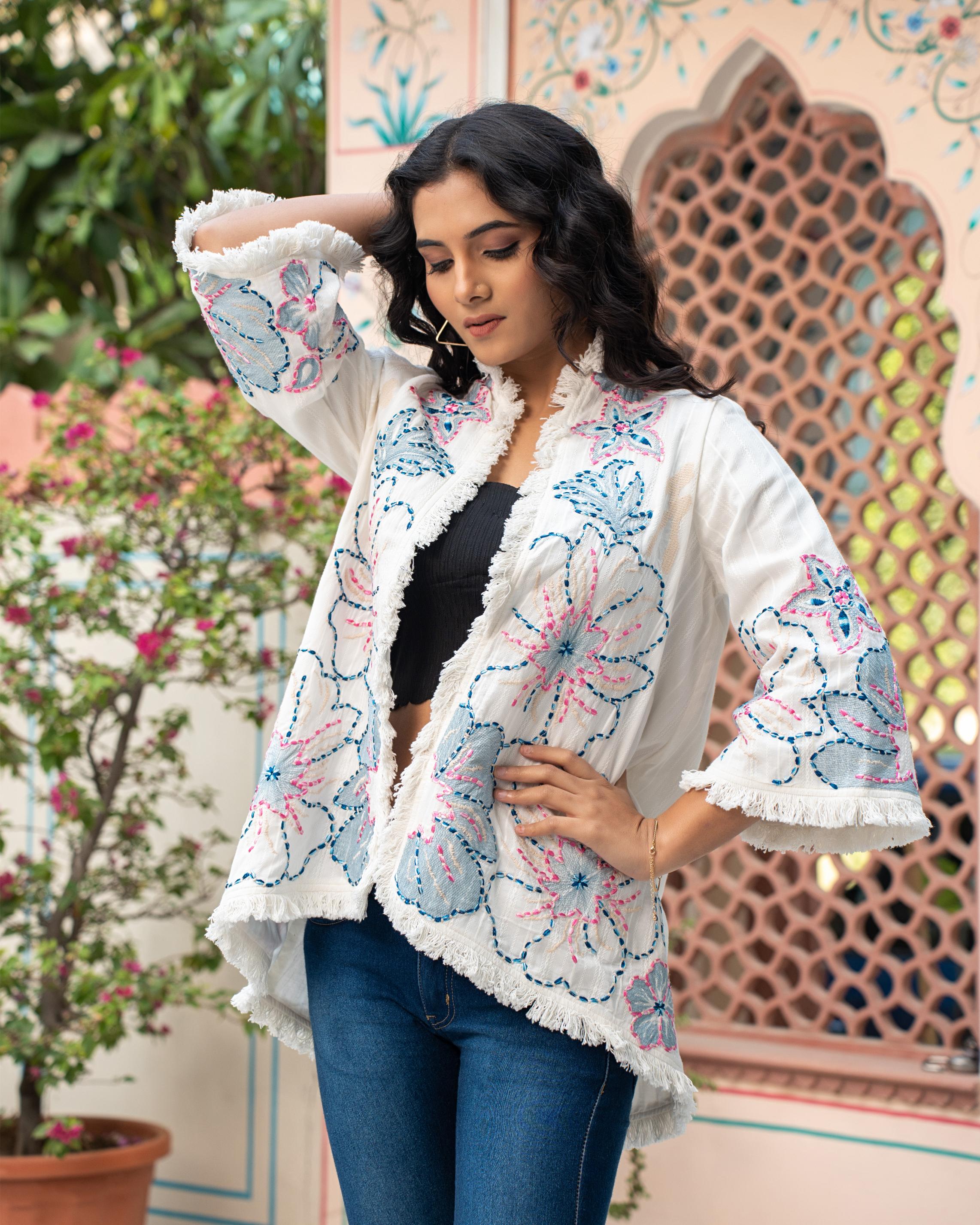White Floral Embroidered French Cotton Shrug
