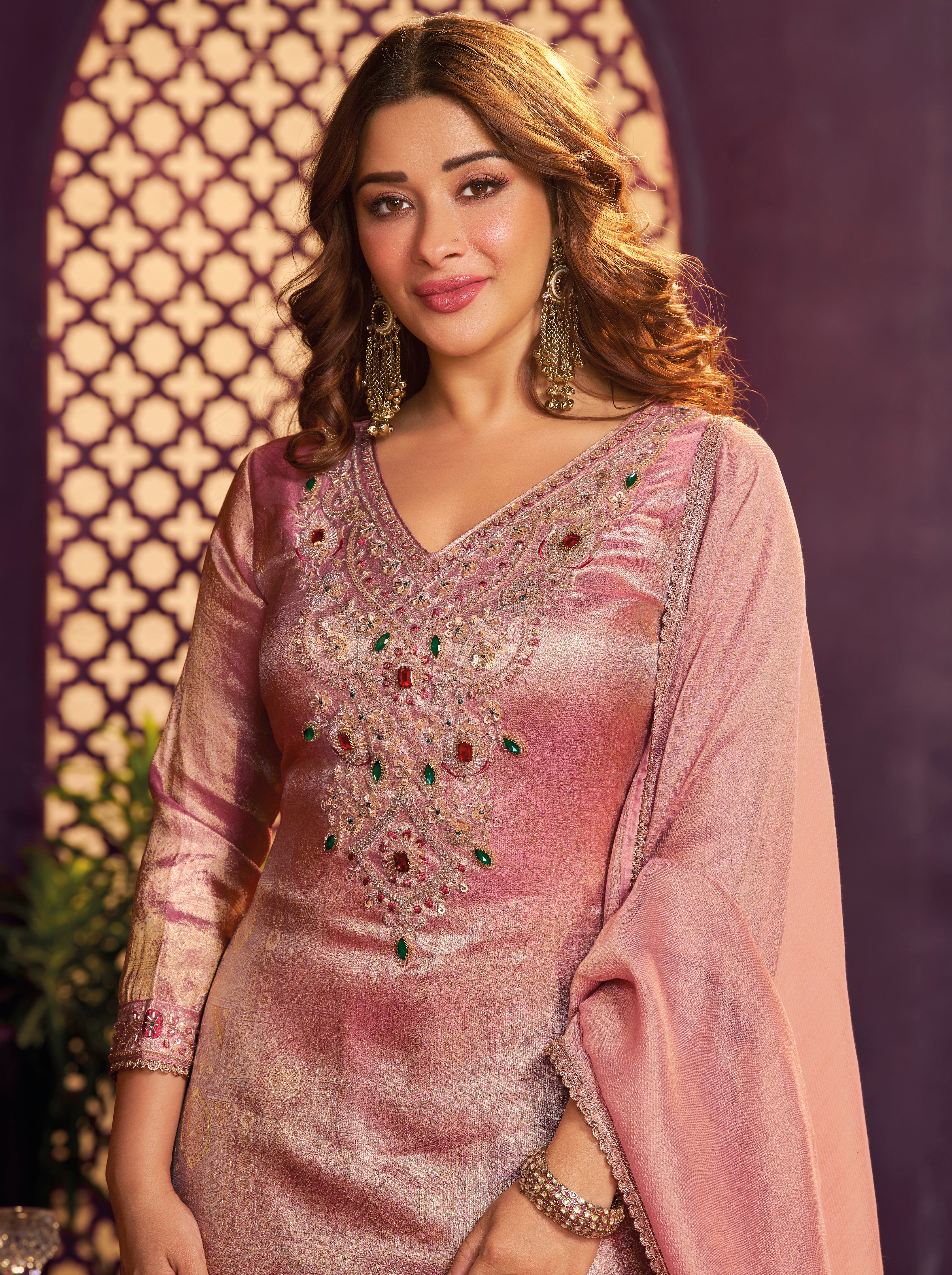 Pink Champagne Embellished Jacquard Silk Palazzo Set