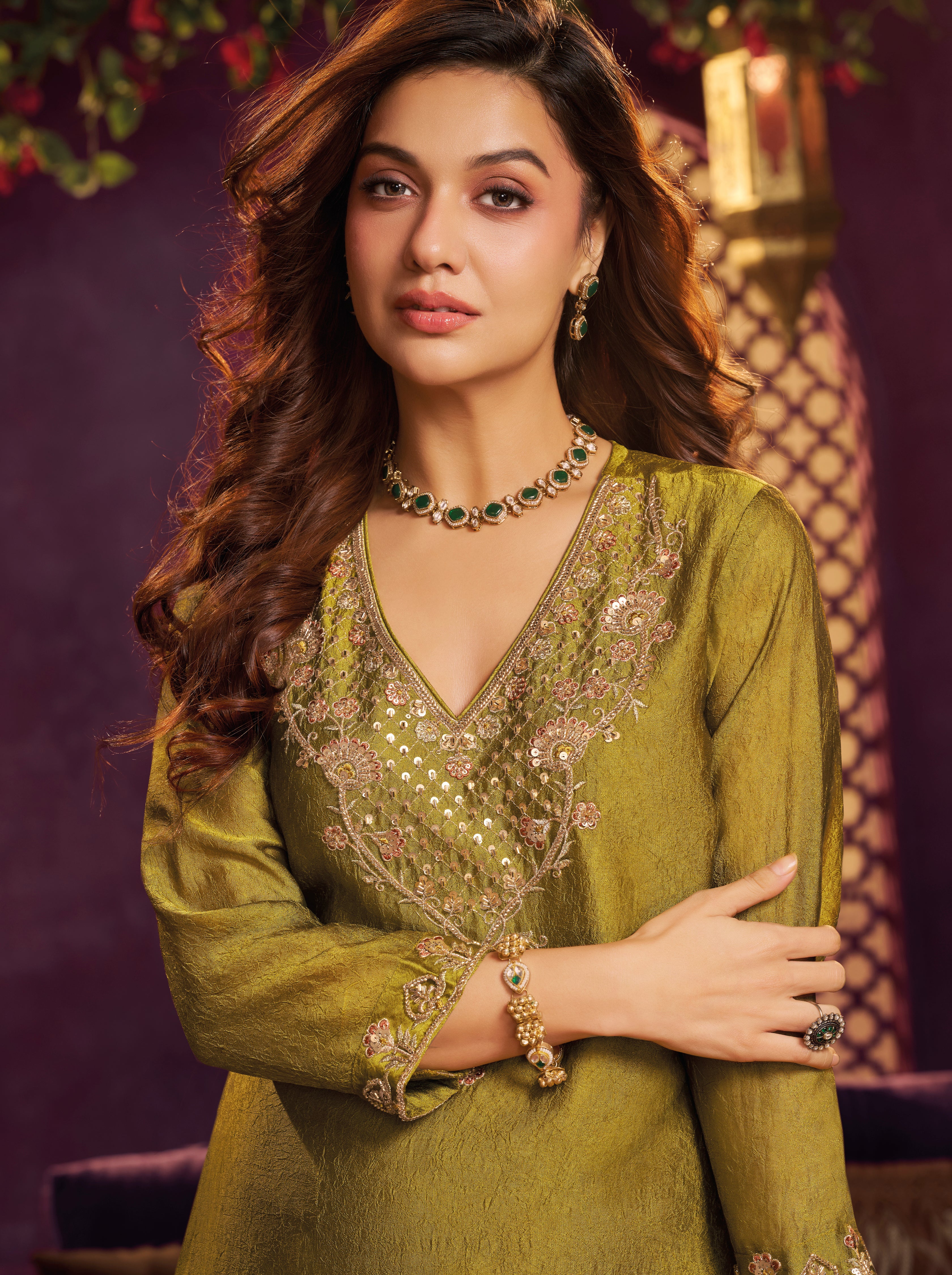 Olive Yellow Embellished Crushed Silk Sharara Set