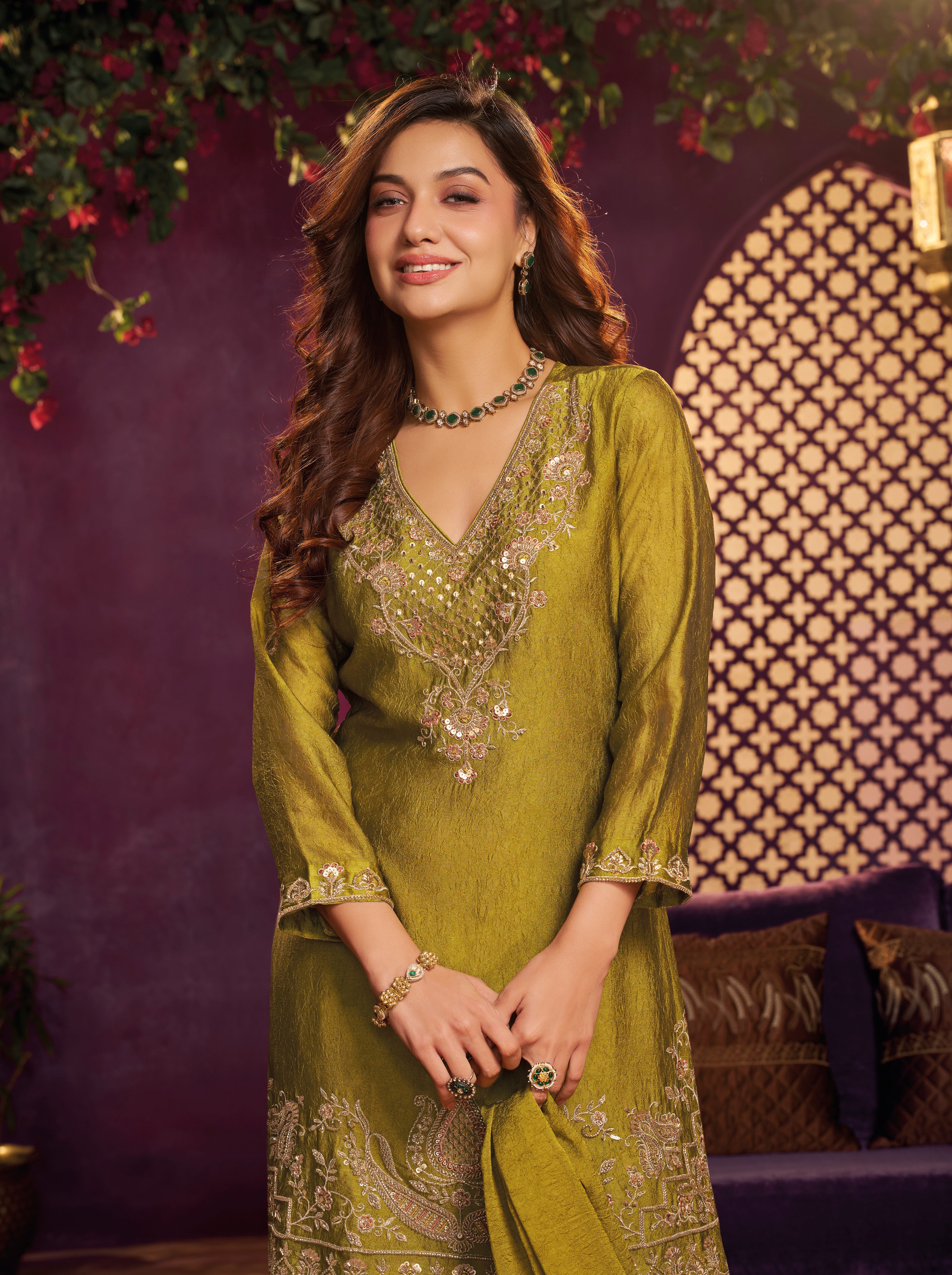 Olive Yellow Embellished Crushed Silk Sharara Set