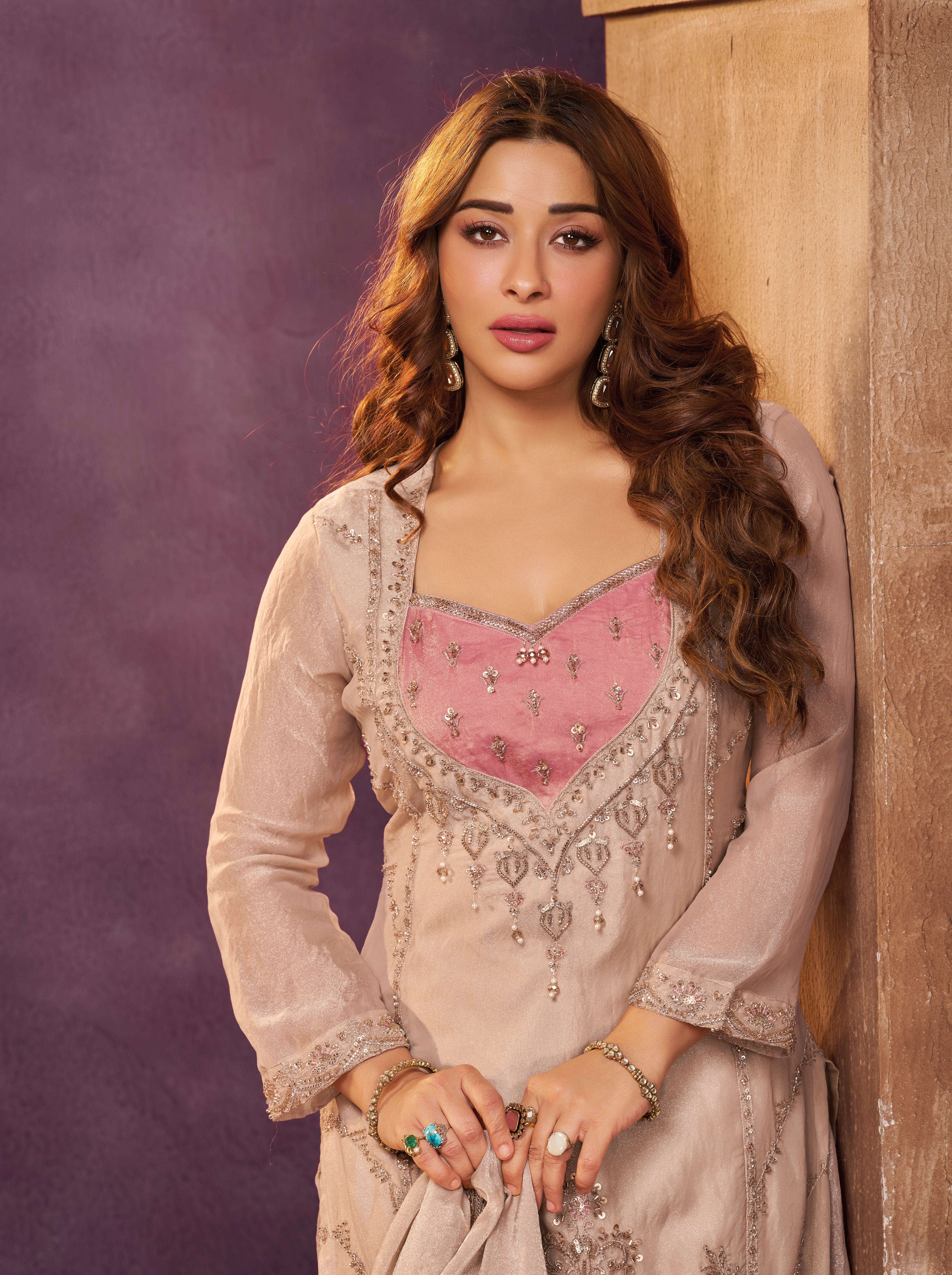 Blush Beige Embellished Tissue Silk Palazzo Set