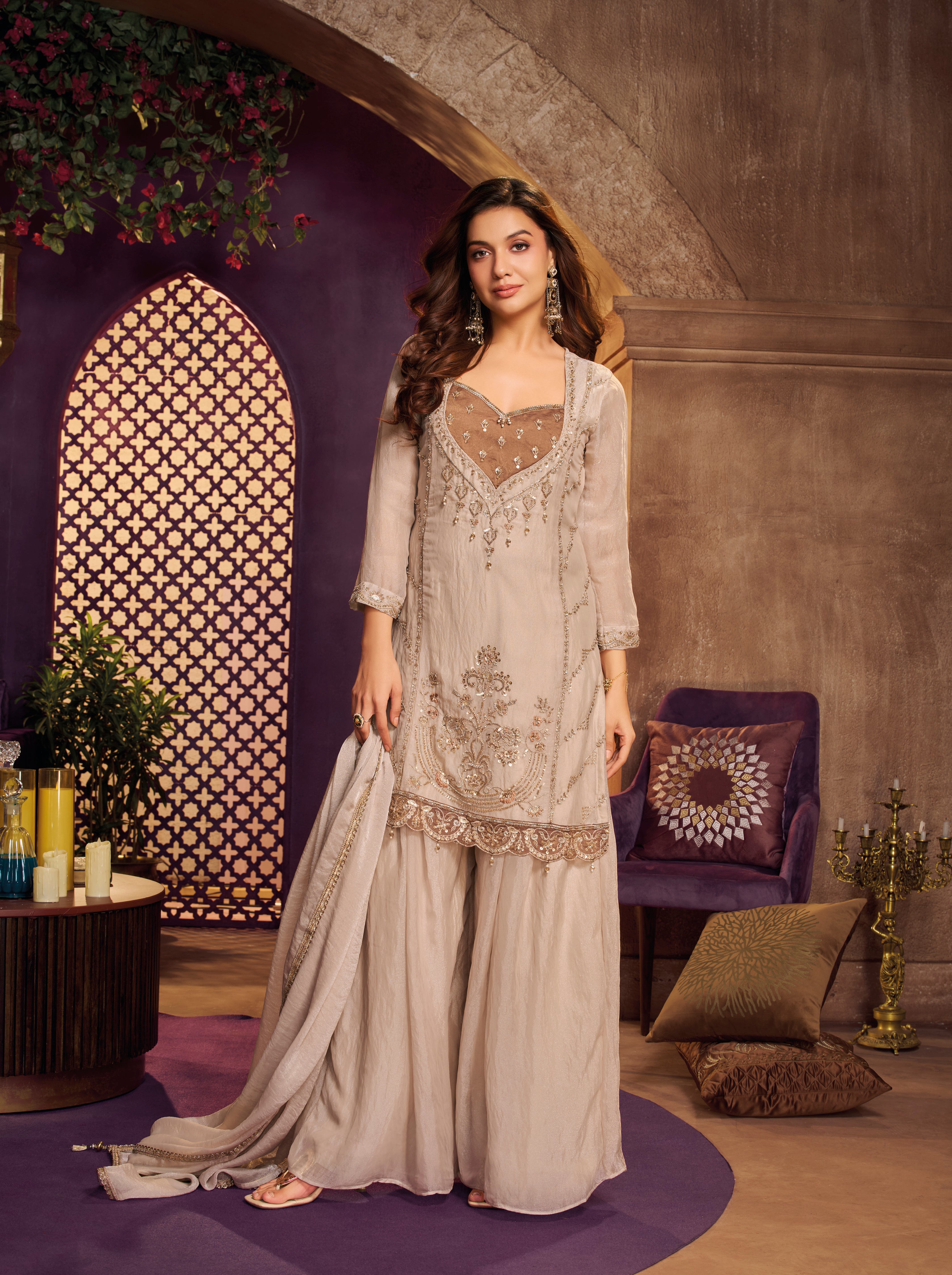 Champage Beige Embellished Tissue Silk Palazzo Set