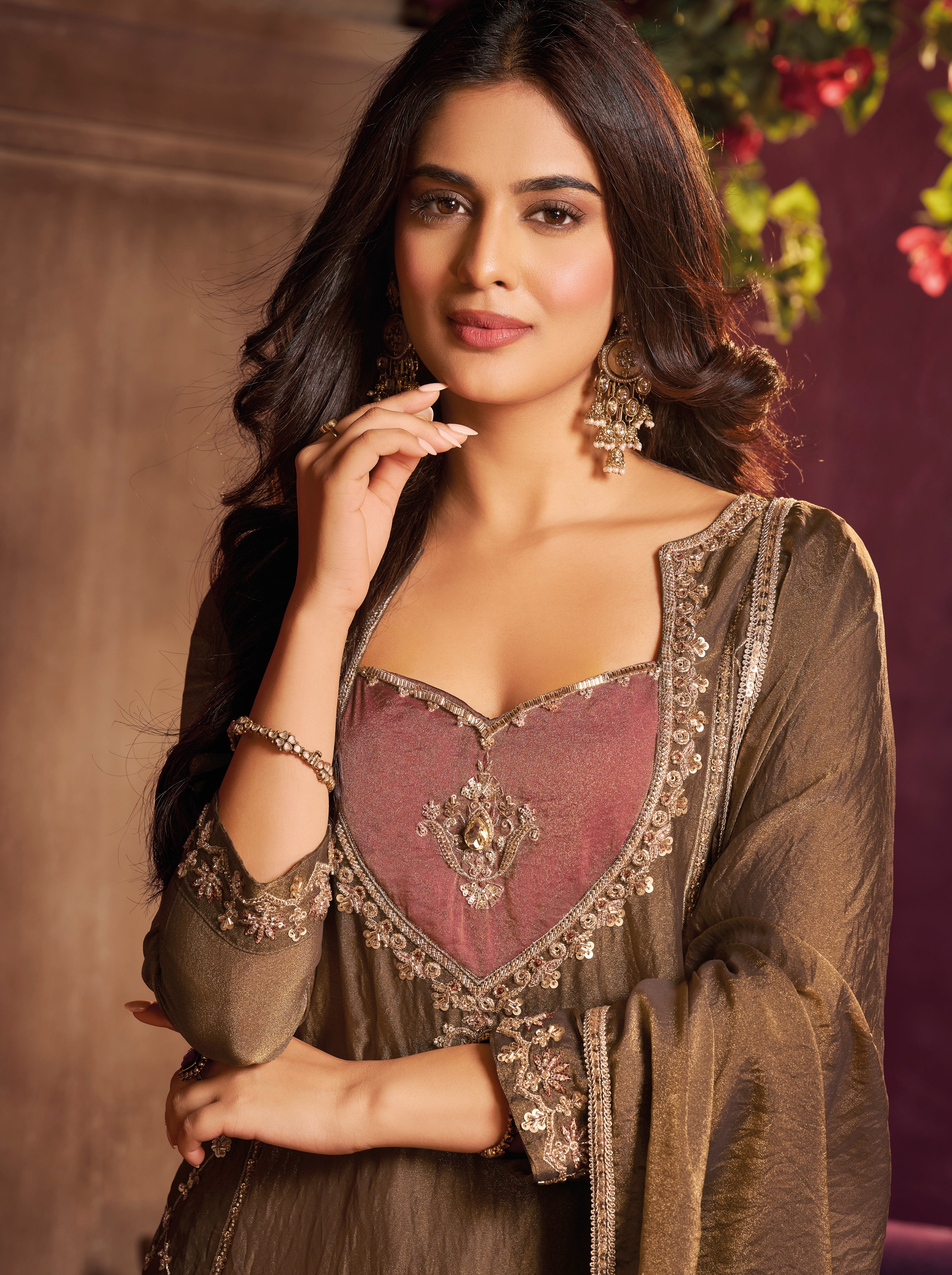 Metallic Coffee Embellished Organza Silk Palazzo Set