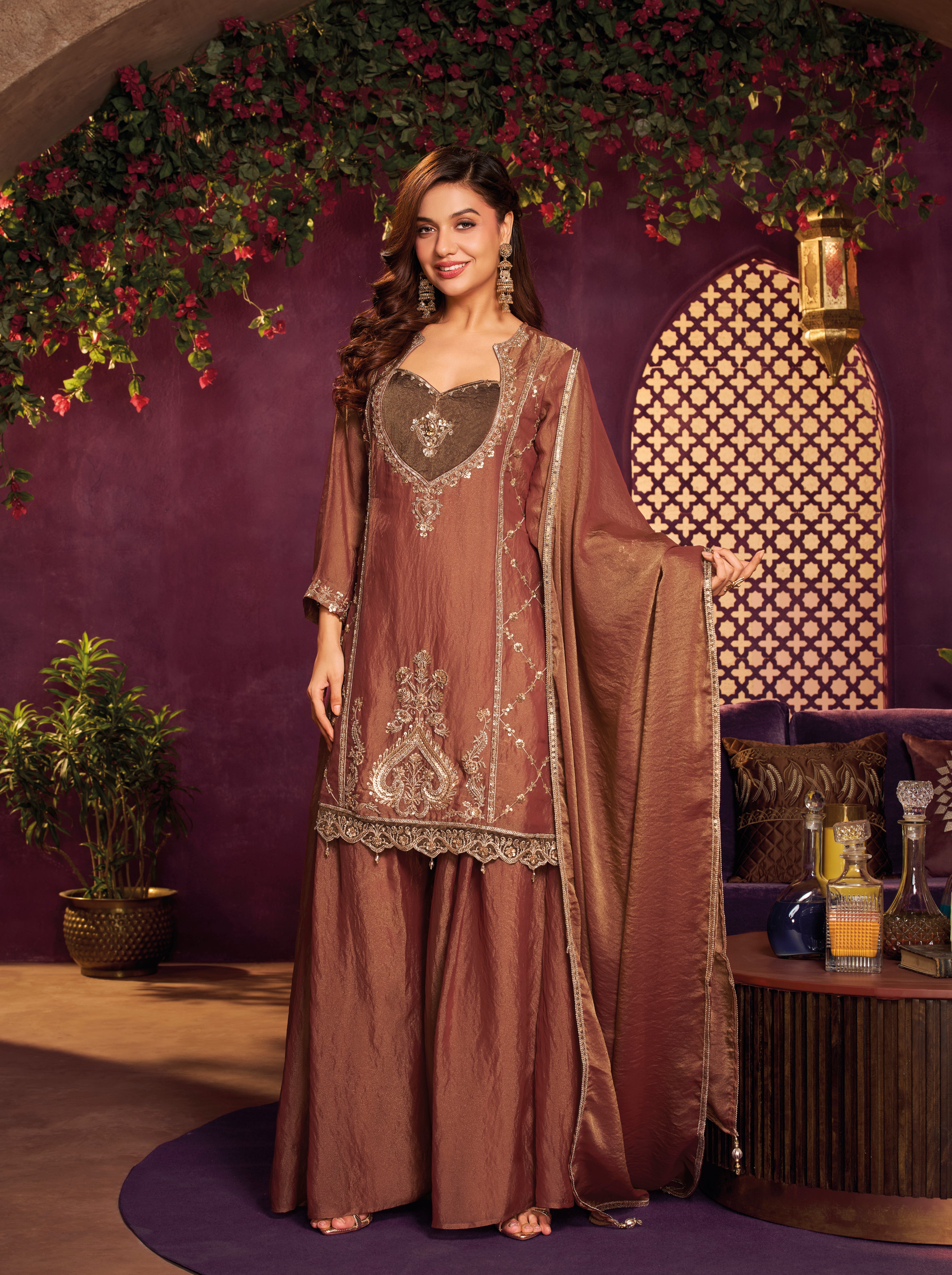 Metallic Rust Embellished Organza Silk Palazzo Set