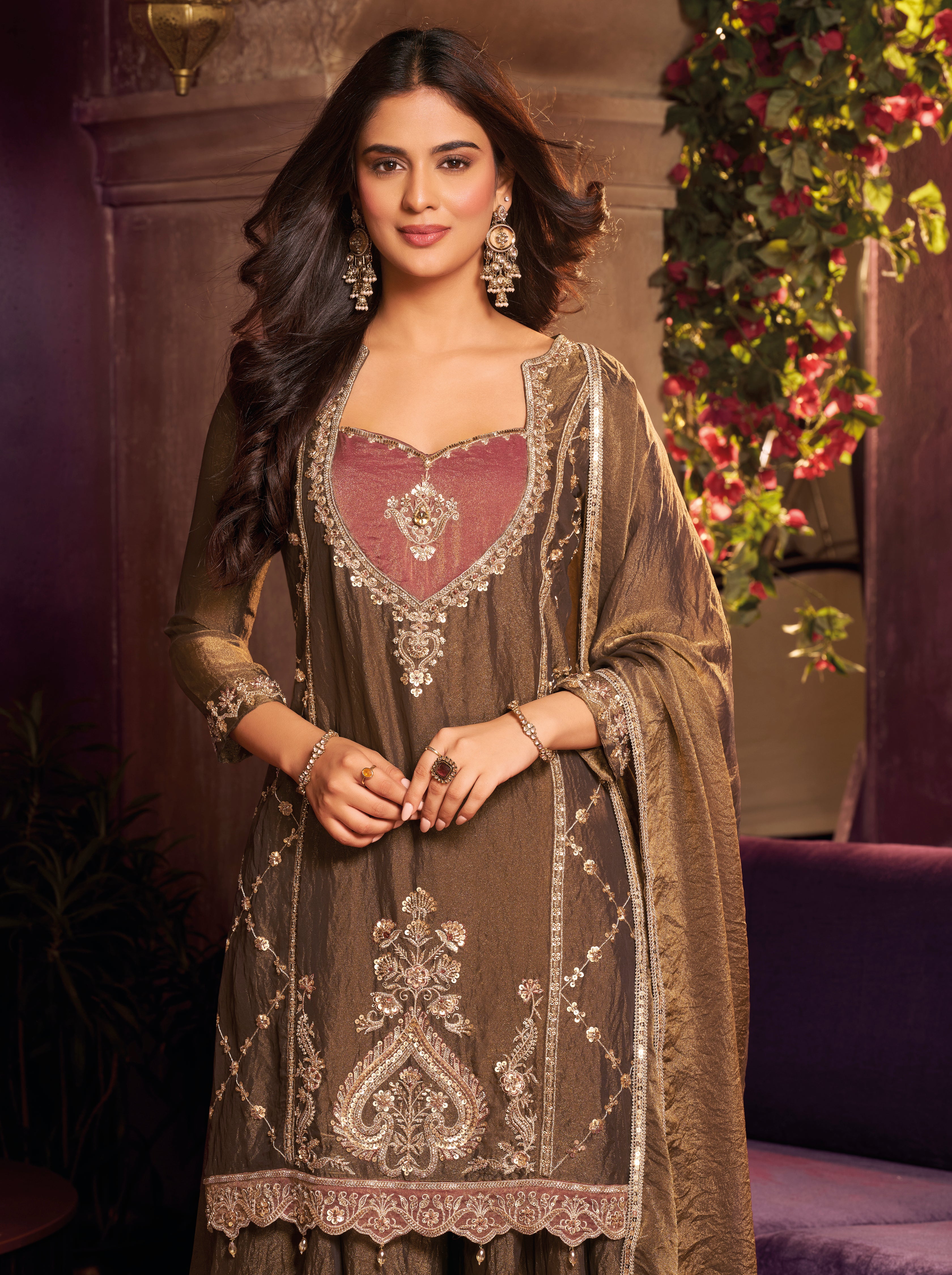 Metallic Coffee Embellished Organza Silk Palazzo Set