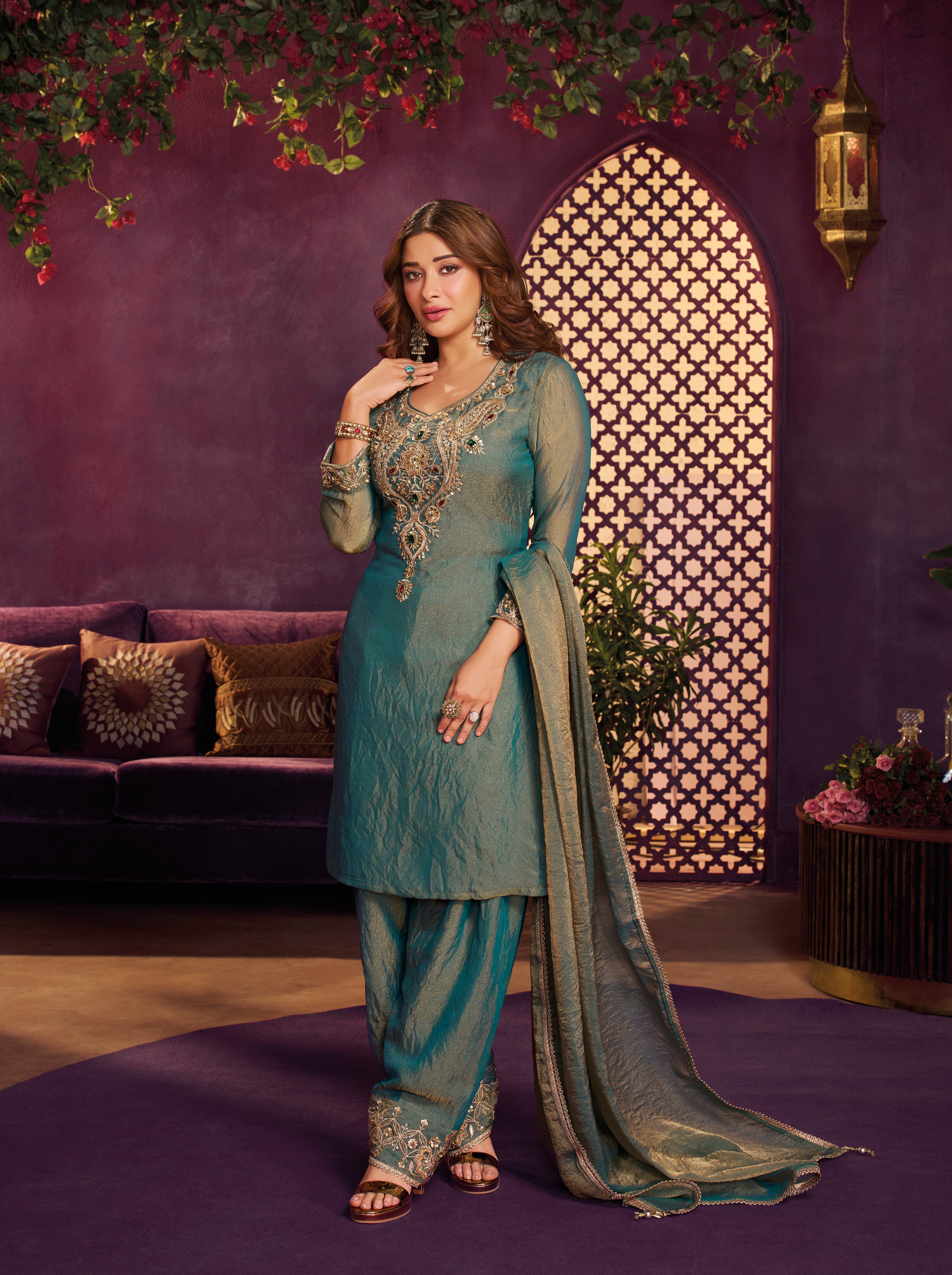 Teal Blue Embellished Shimmer Tissue Silk Farsi Salwar Set