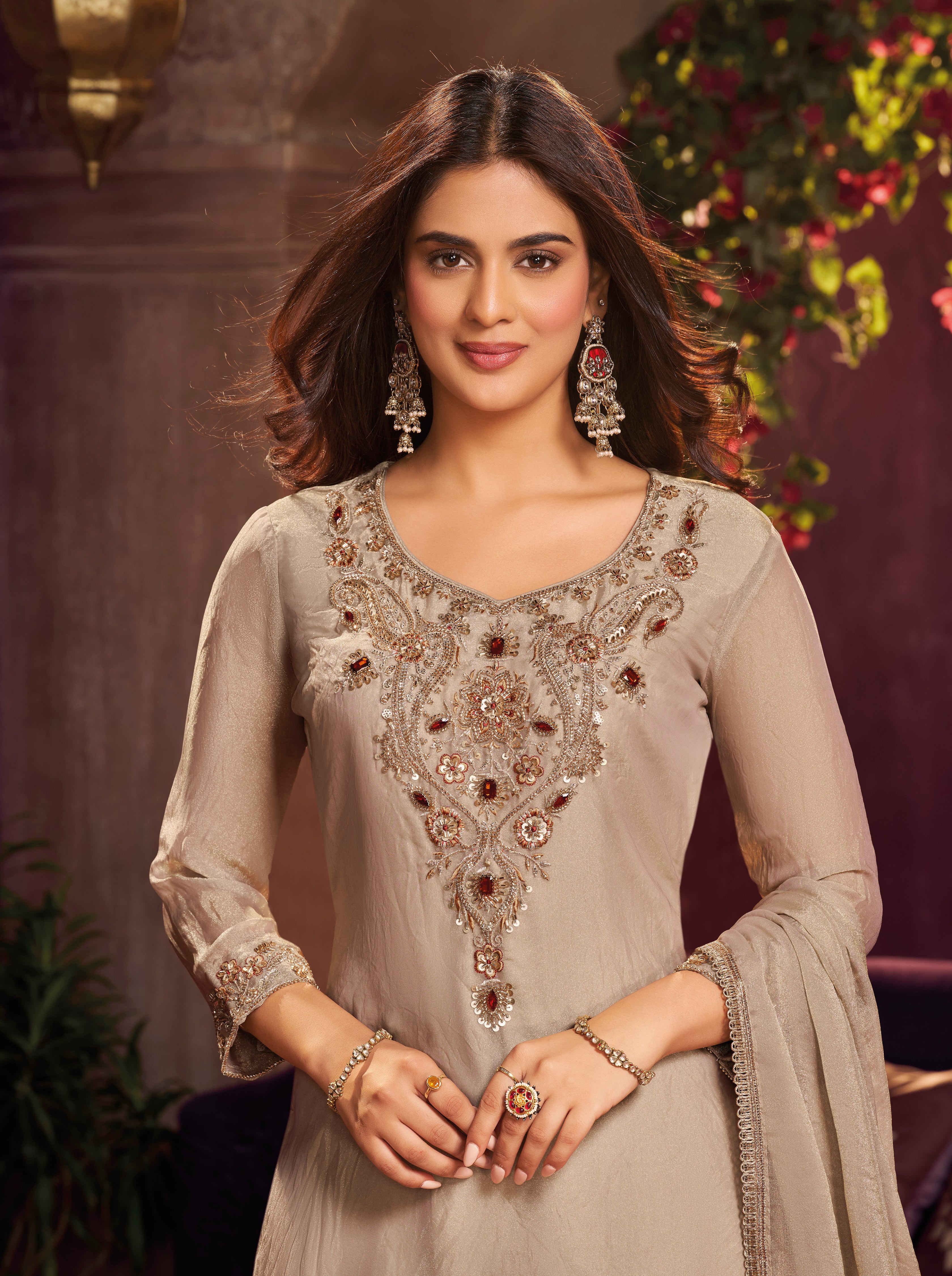 Taupe Beige Embellished Shimmer Tissue Silk Farsi Salwar Set