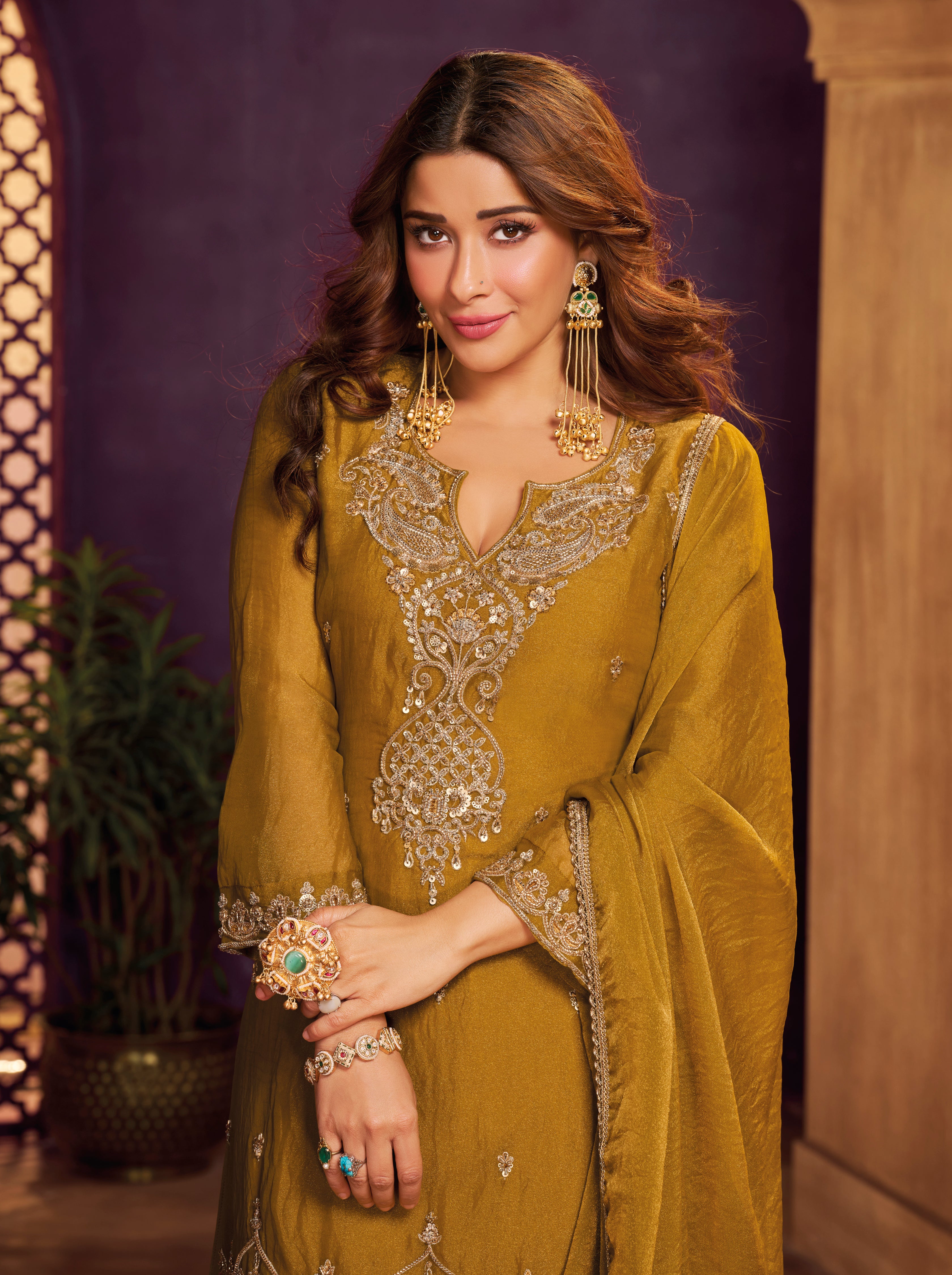 Olive Gold Embellished Organza Silk Farsi Salwar Set