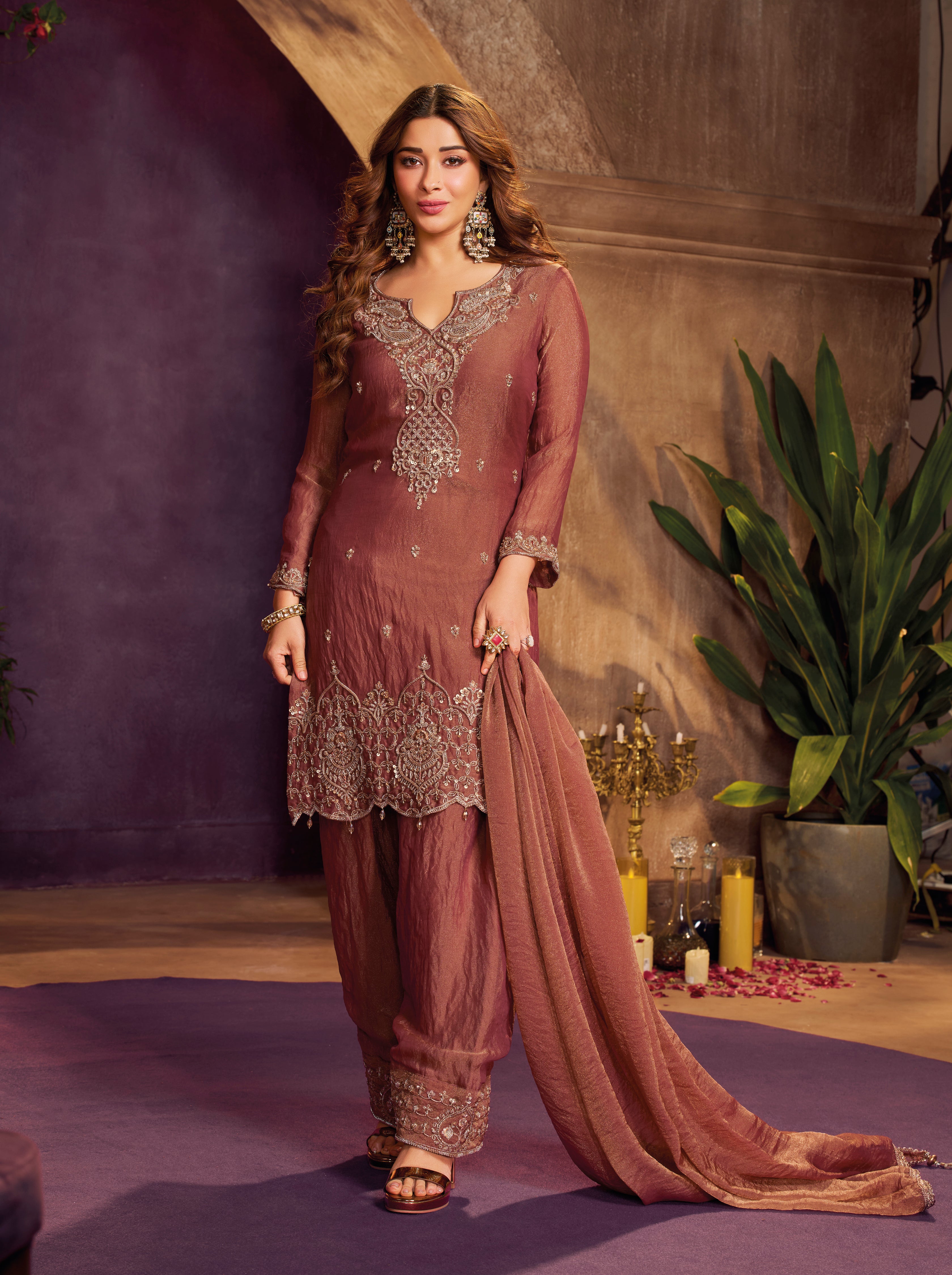 Dusty Rosewood Embellished Organza Silk Farsi Salwar Set