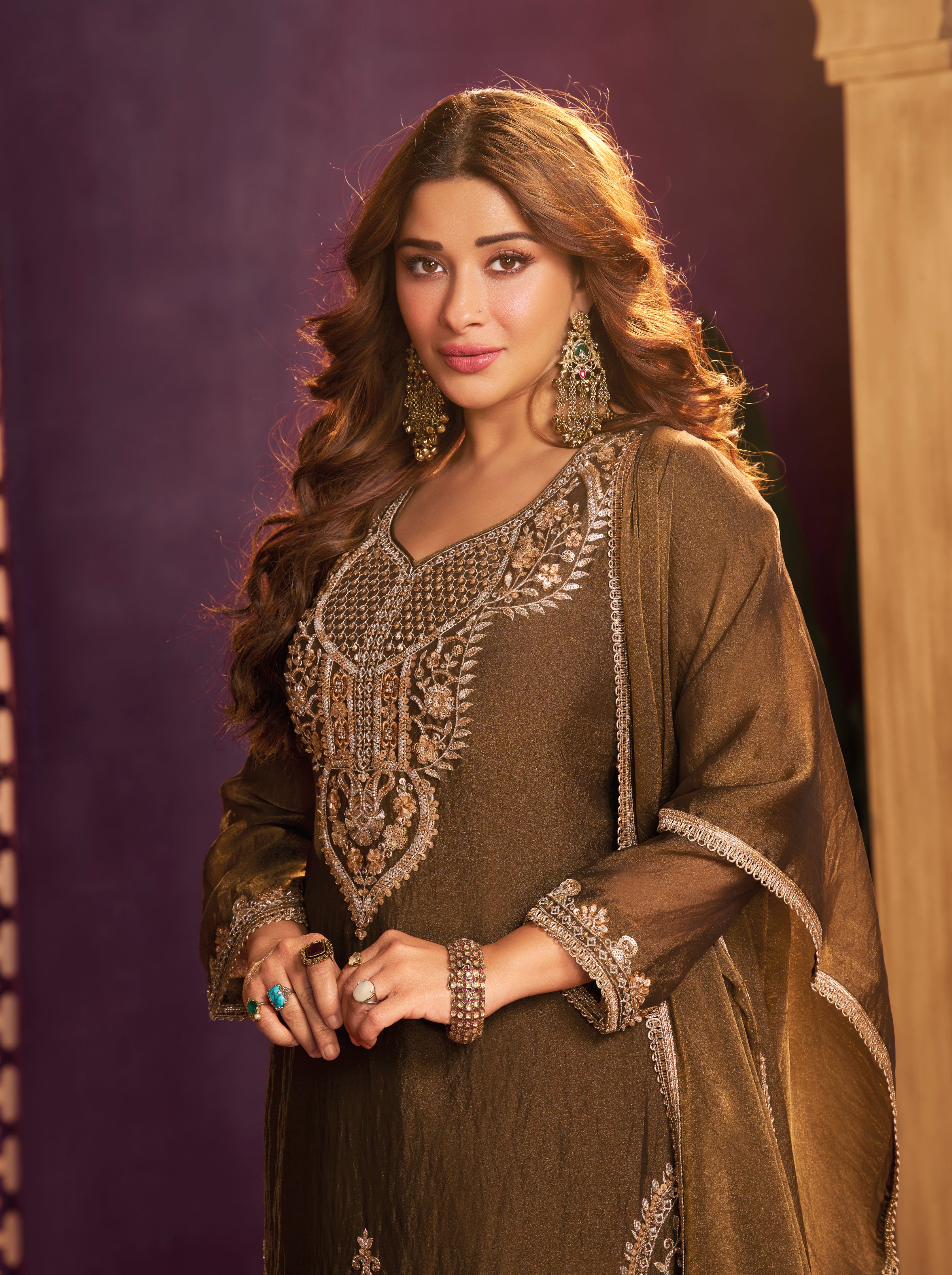Golden Embellished Organza Silk Farsi Salwar Set