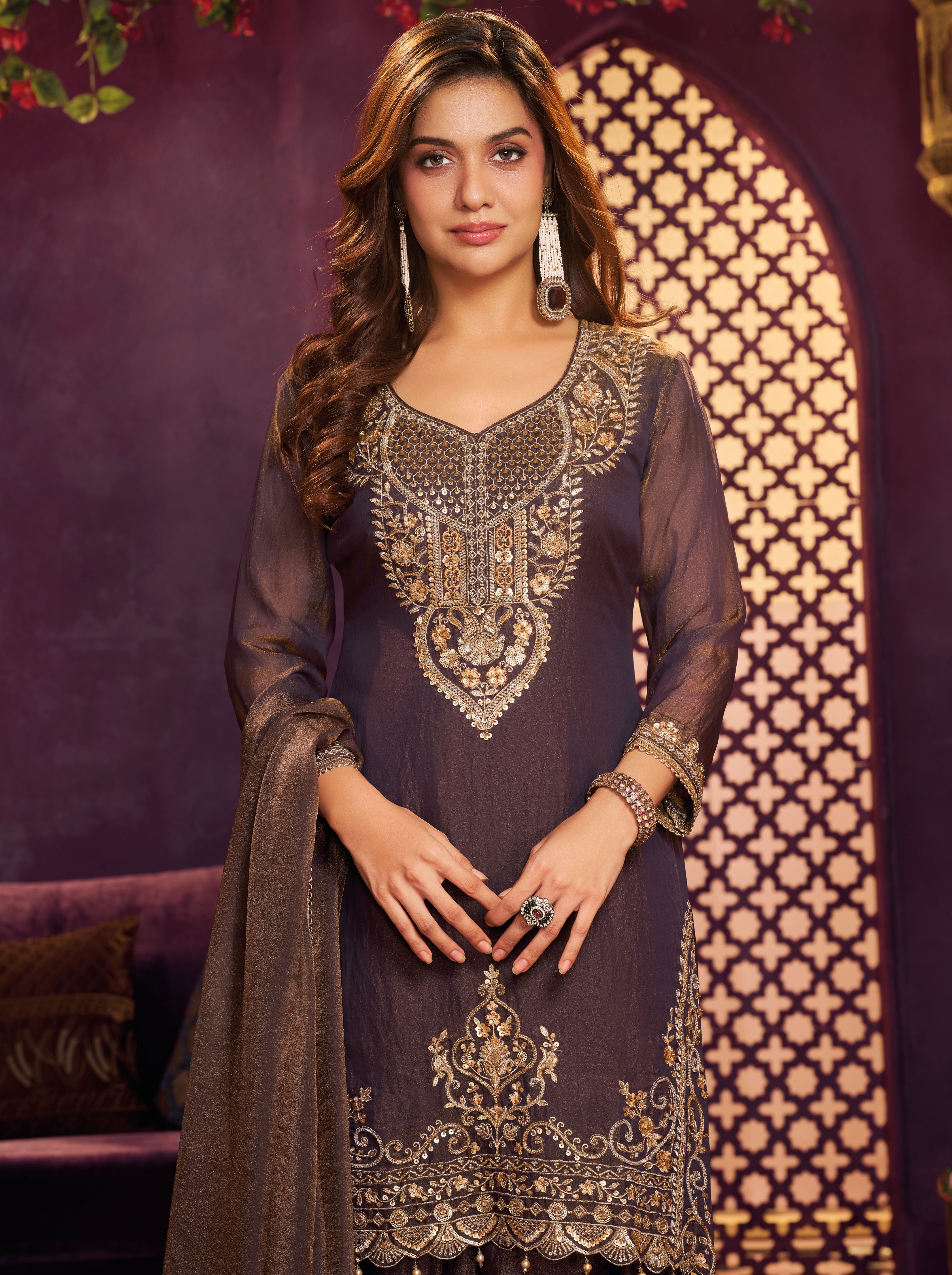 Cocoa Brown Embellished Organza Silk Farsi Salwar Set