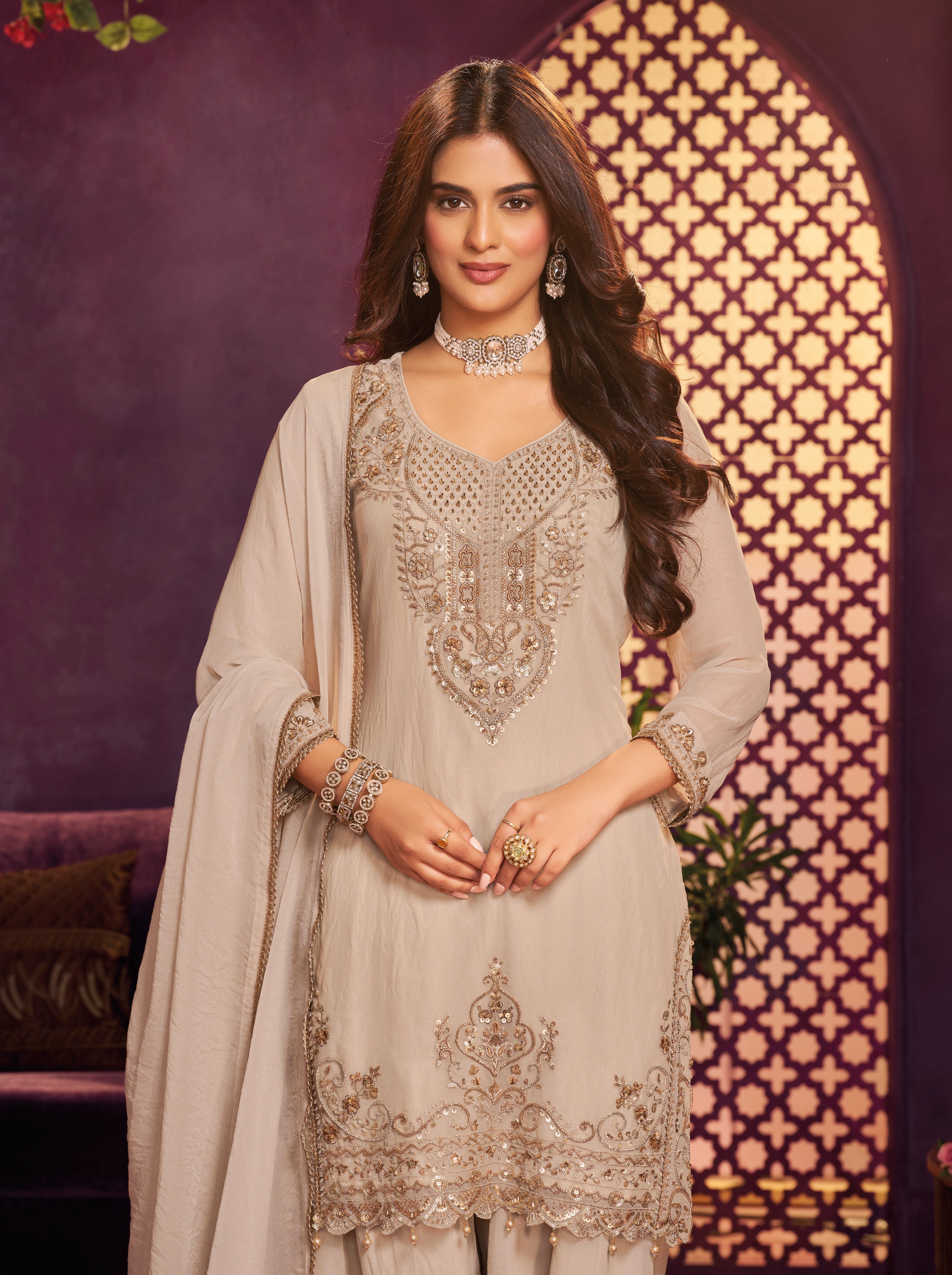 Pearl Ivory Embellished Organza Silk Farsi Salwar Set