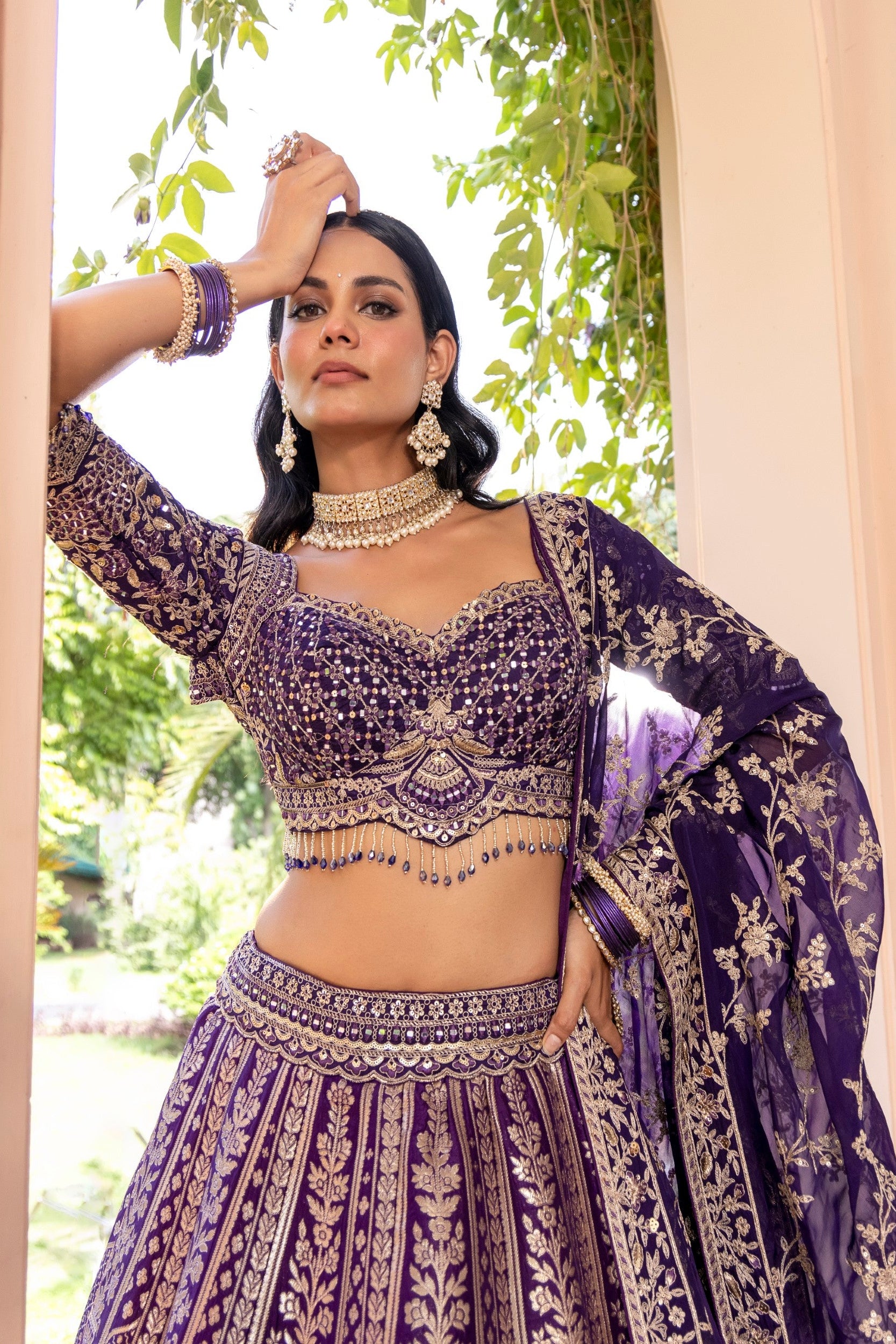 Royal Purple Embellished Banarasi Silk Lehenga Set