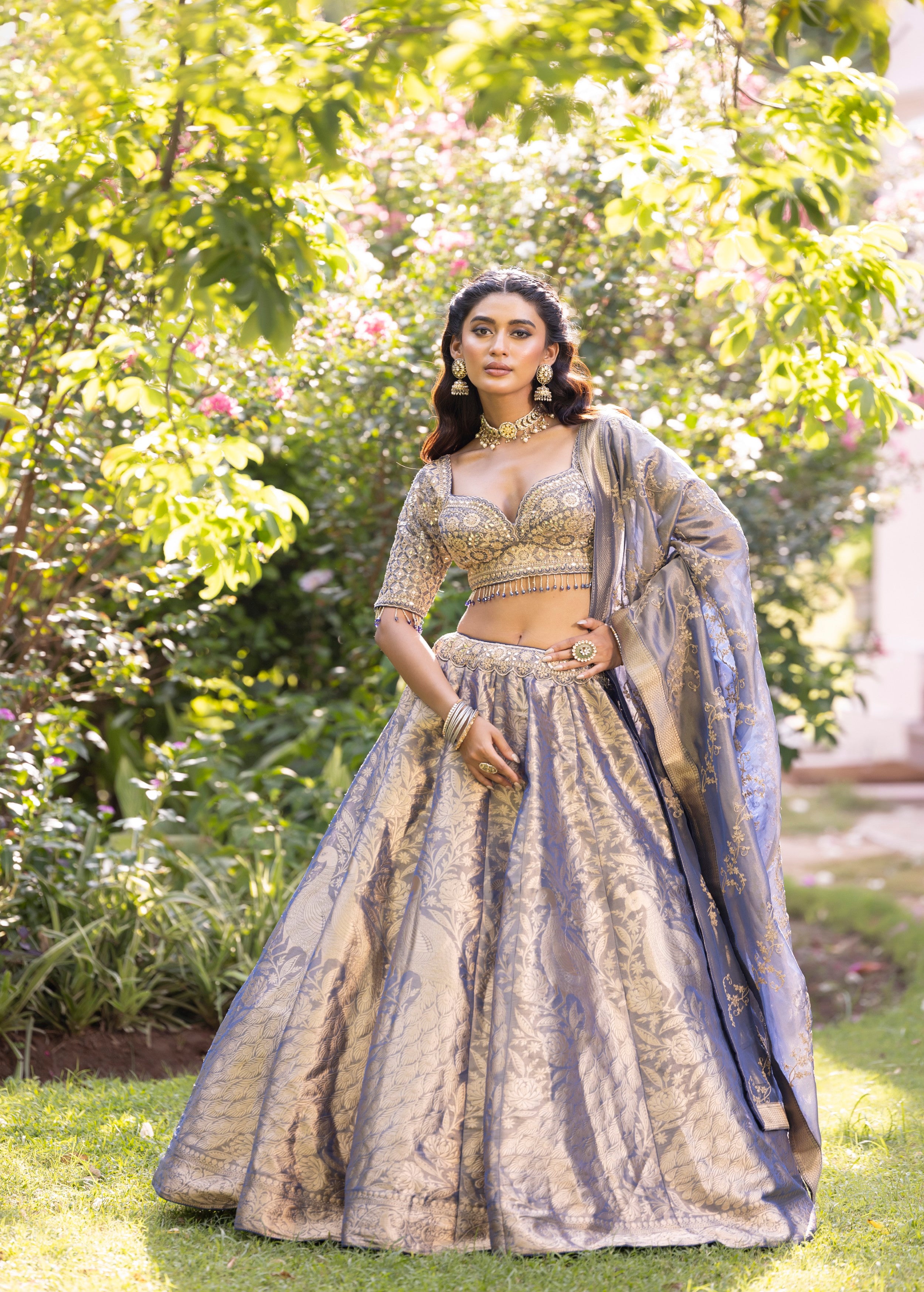 Slate Grey Embellished Banarasi Silk Lehenga Set