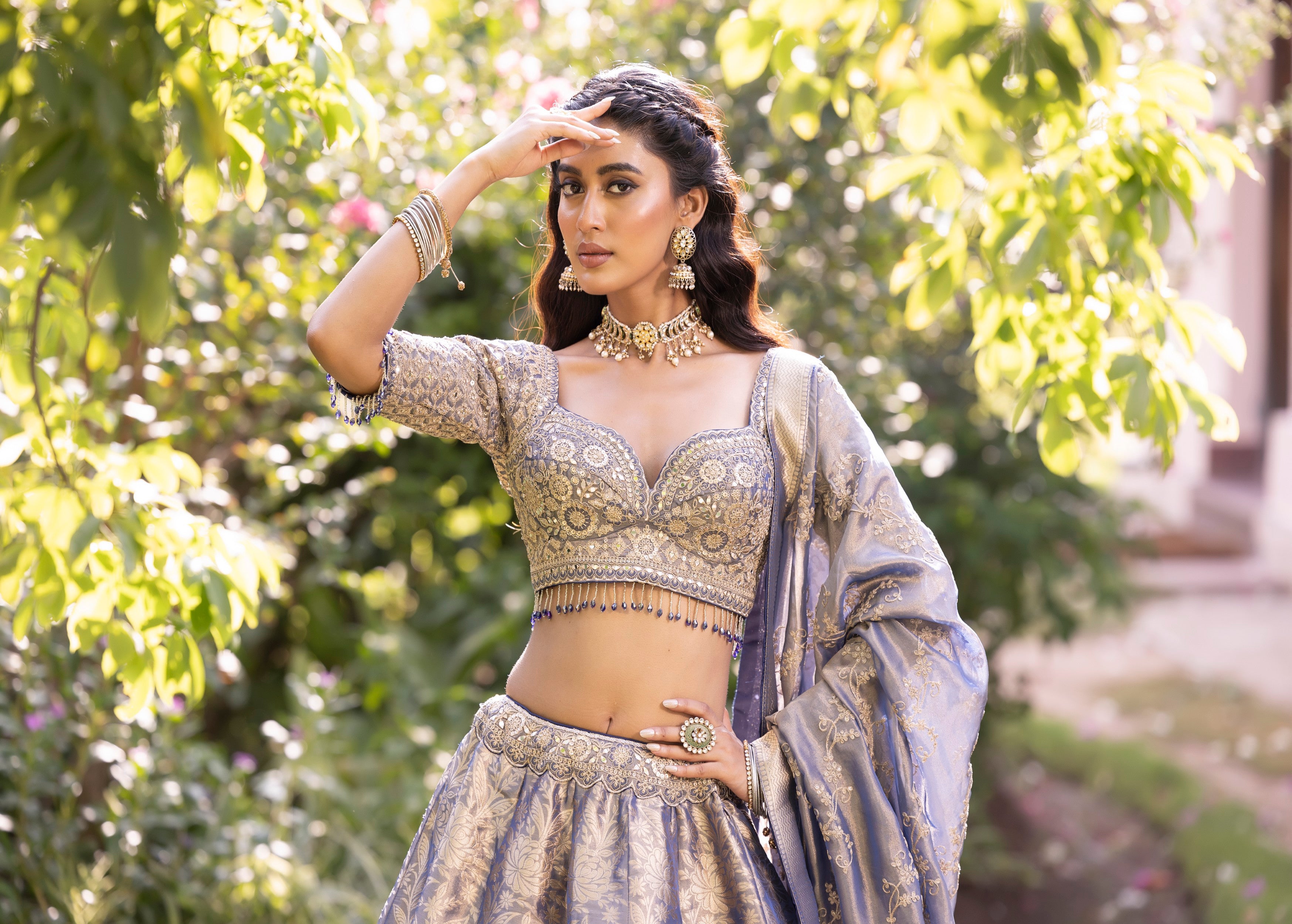 Slate Grey Embellished Banarasi Silk Lehenga Set