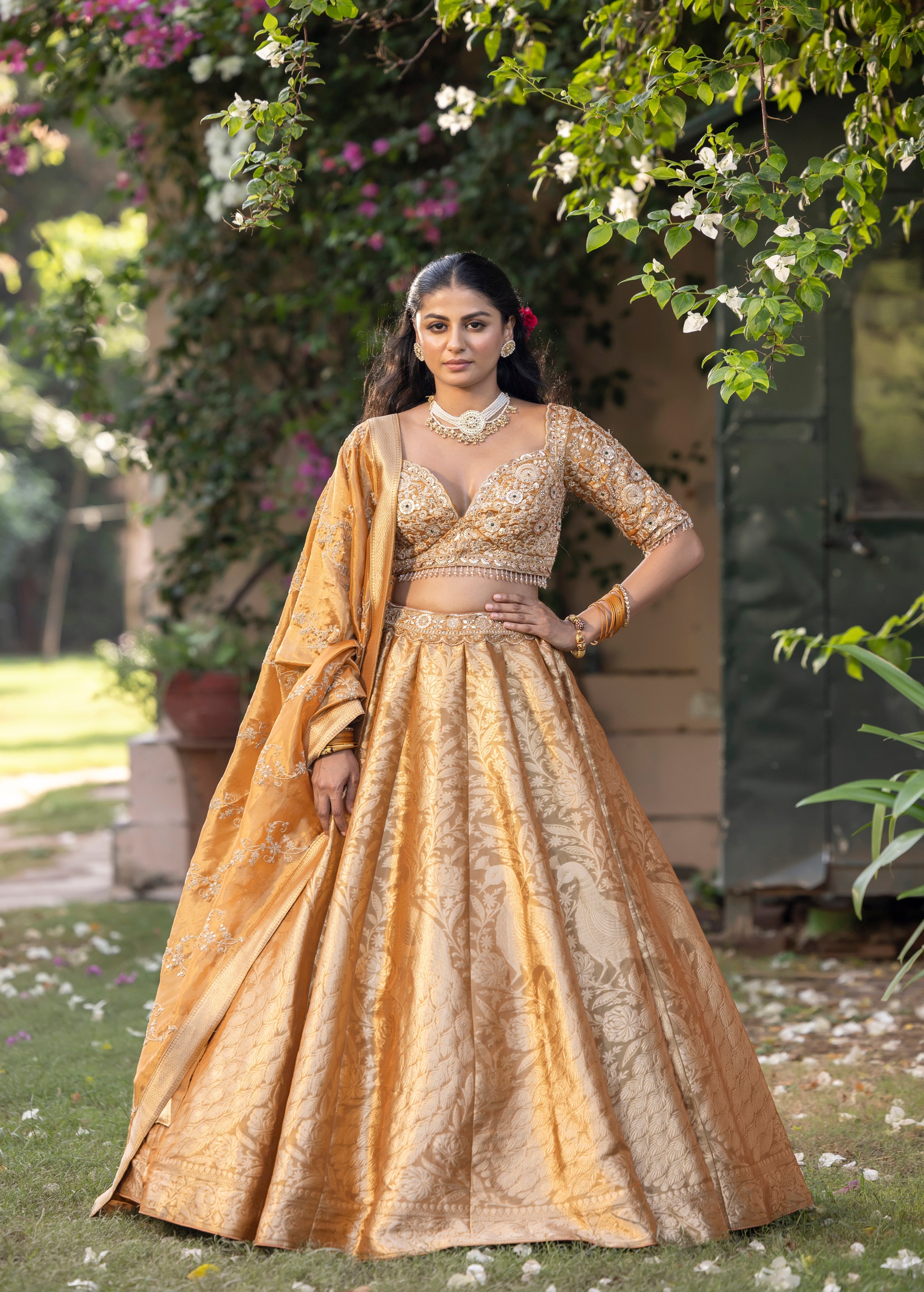 Marigold Embellished Banarasi Silk Lehenga Set