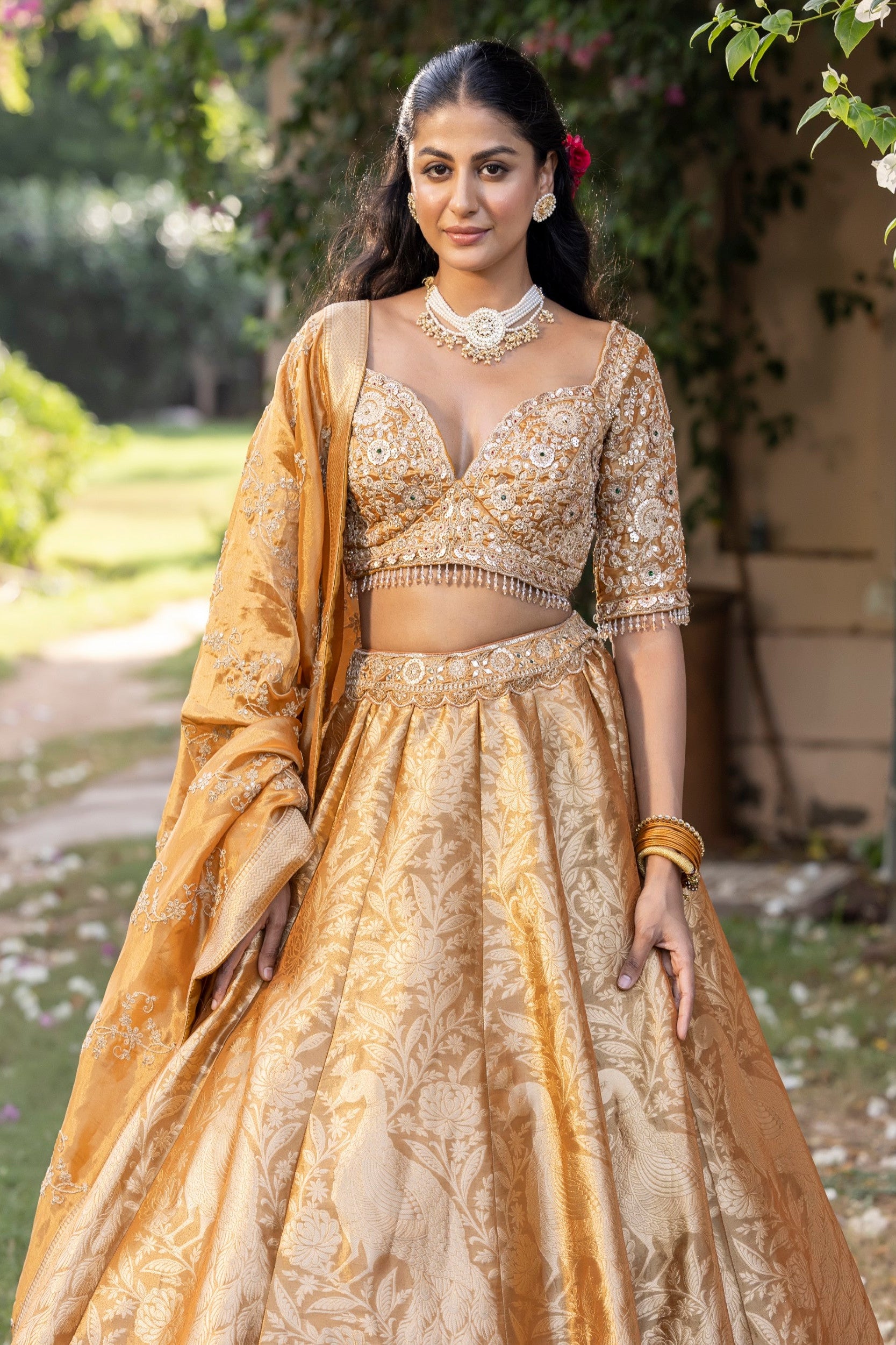 Marigold Embellished Banarasi Silk Lehenga Set