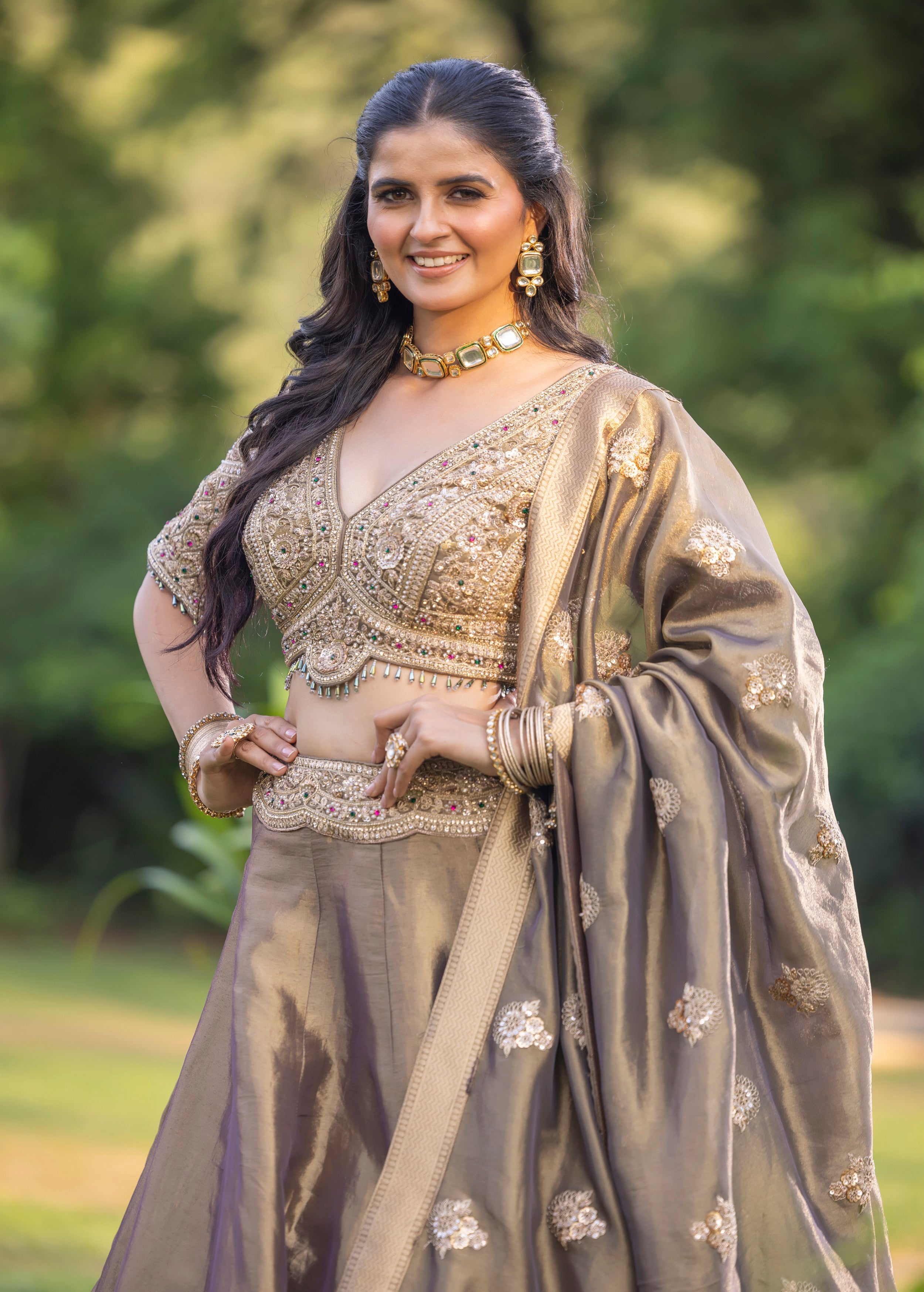 Metallic Taupe Embellished Banarasi Silk Lehenga Set