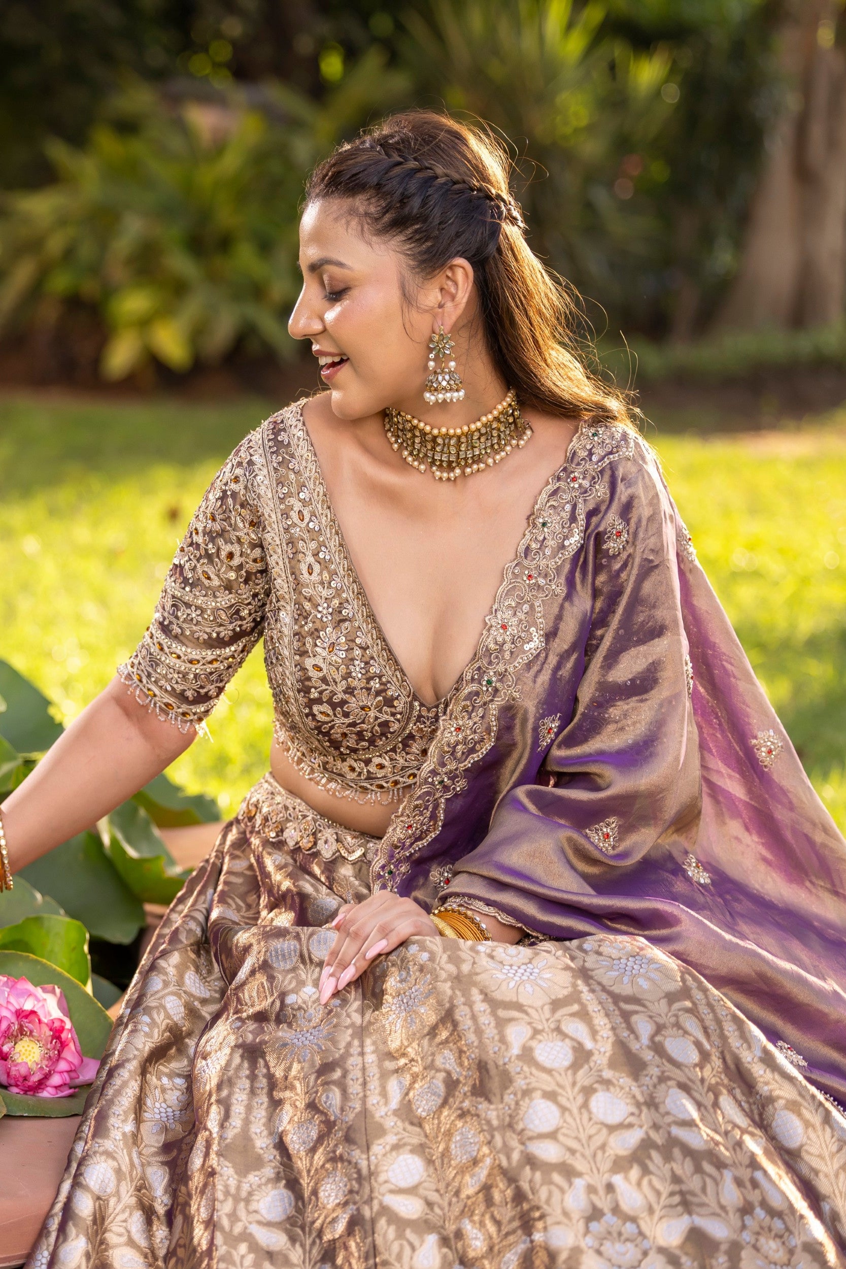 Lavender Embellished Banarasi Silk Lehenga Set