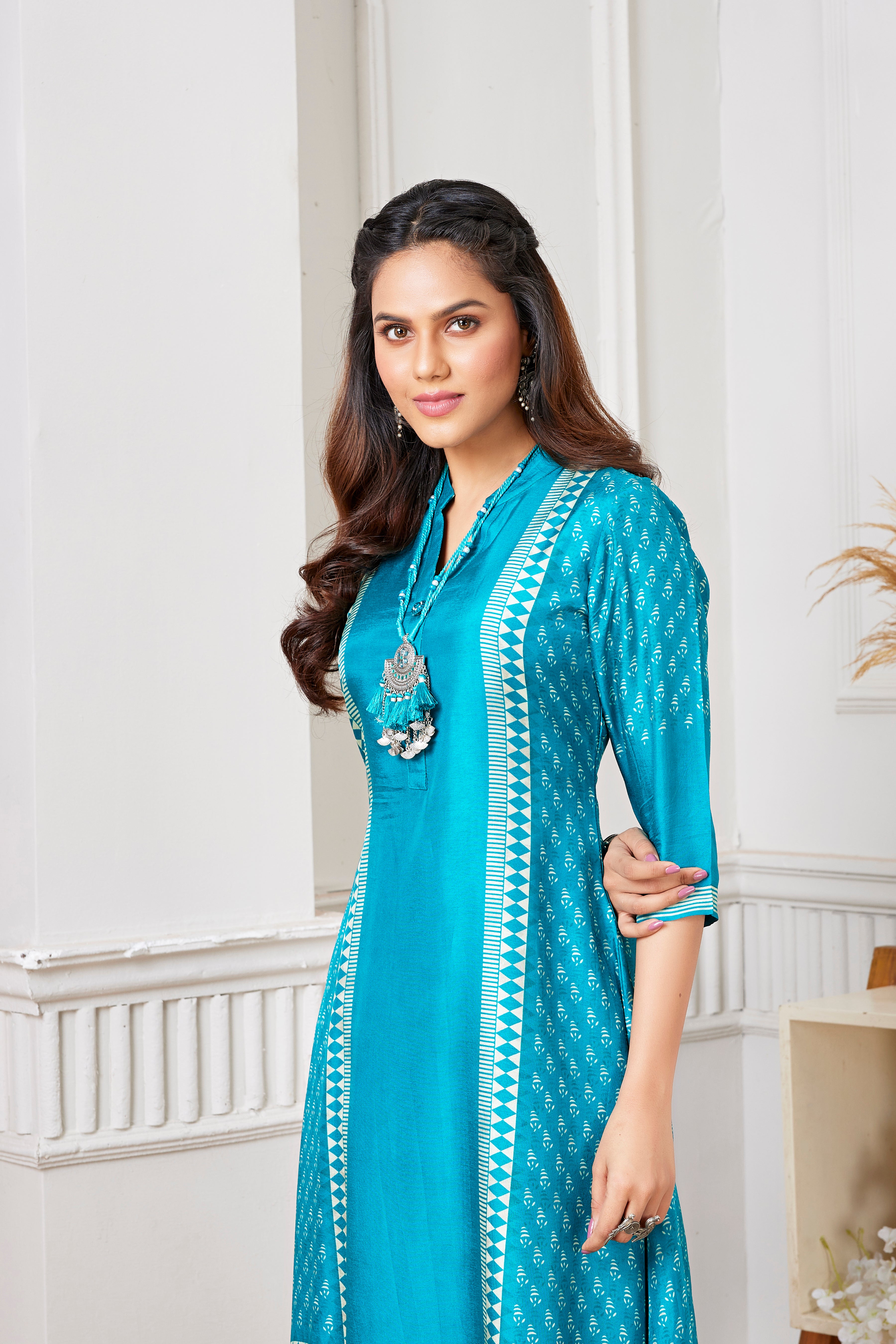 Teal Ethnic Printed Italian Silk Kurta Pants Set