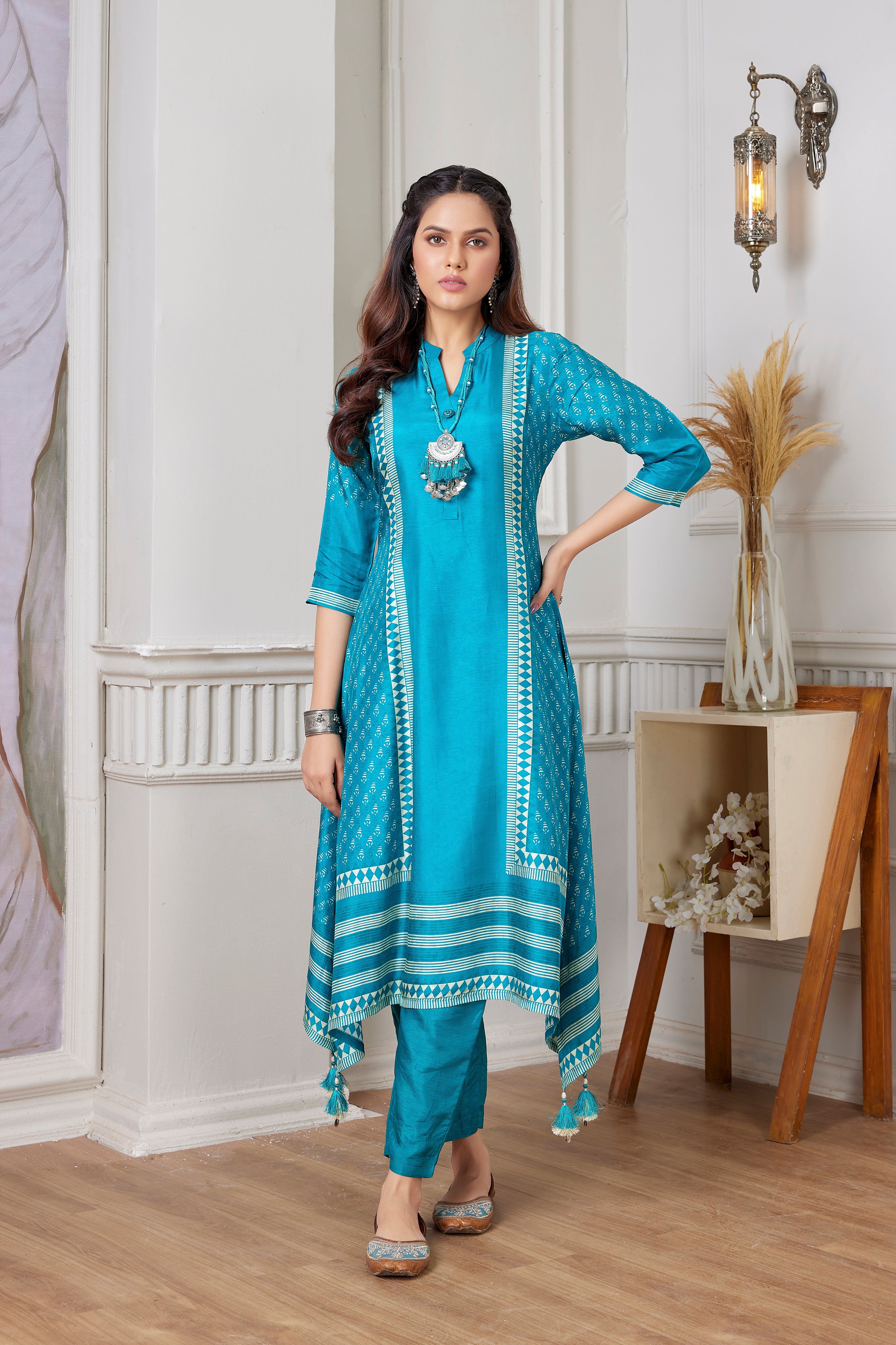 Teal Ethnic Printed Italian Silk Kurta Pants Set