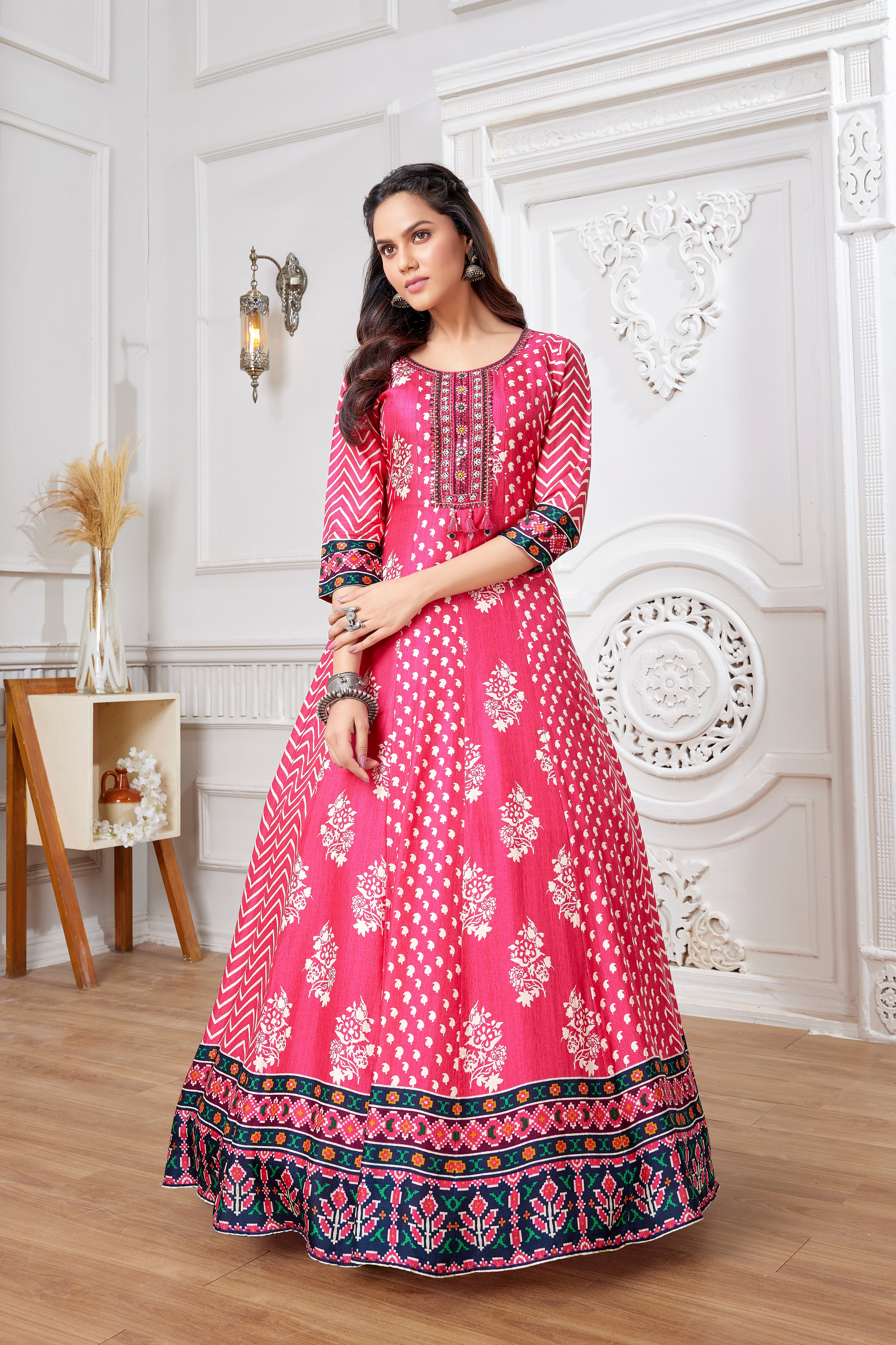 Pink Ethnic Printed Muslin Silk Anarkali Gown