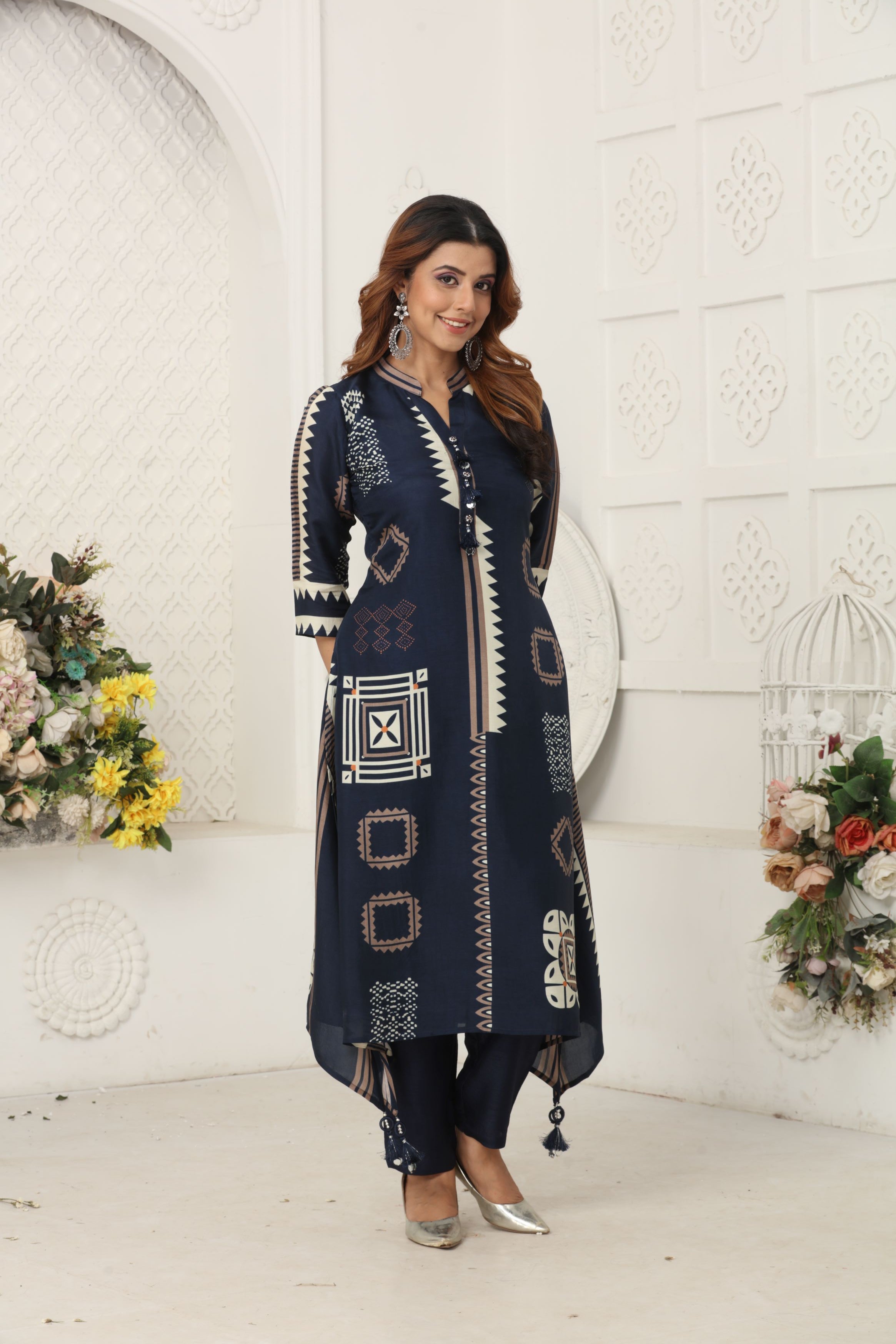 Navy Blue Geometric Print Muslin Silk Kurta Set