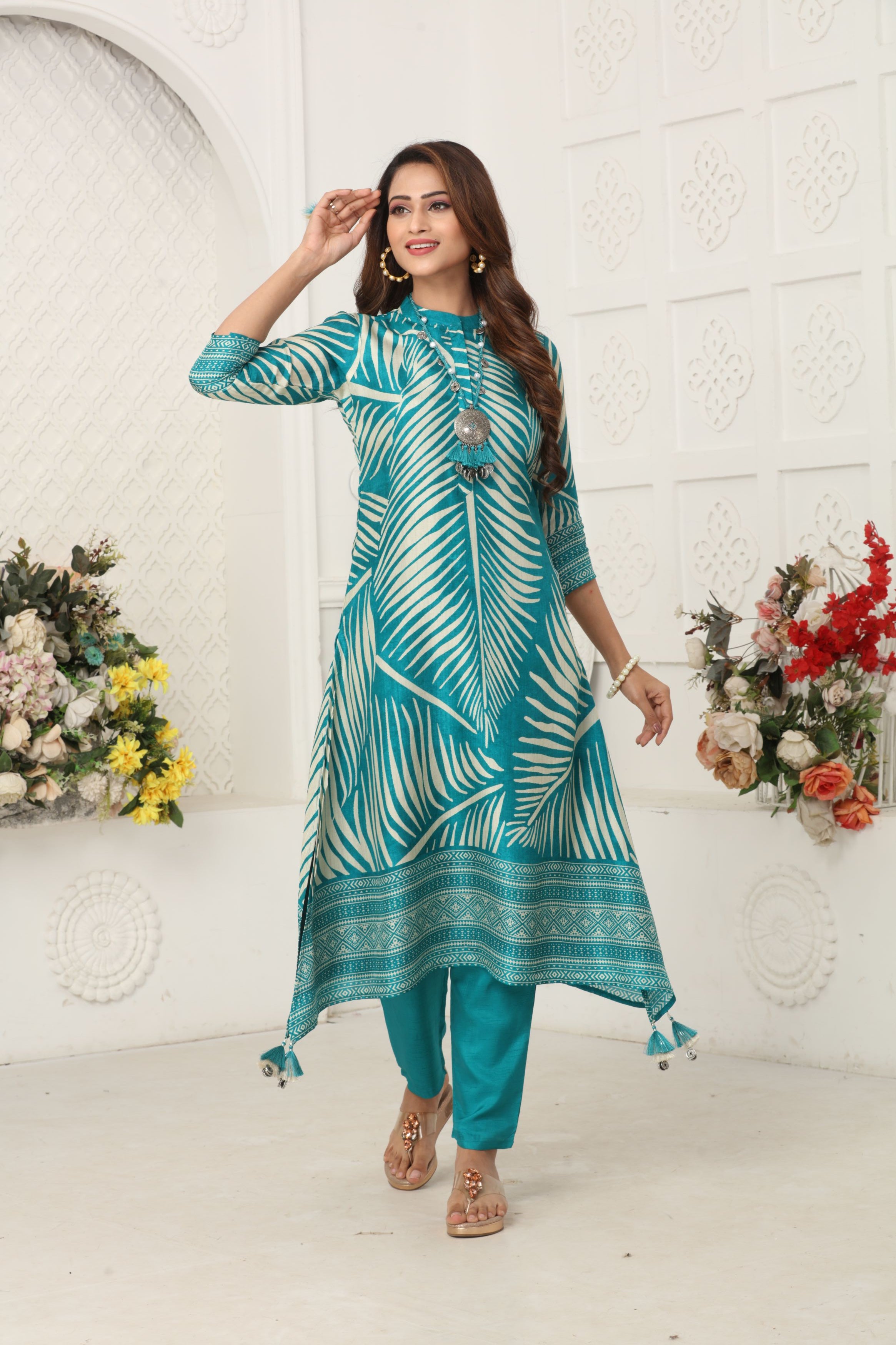 Sky Blue Printed Muslin Silk Kurta Set