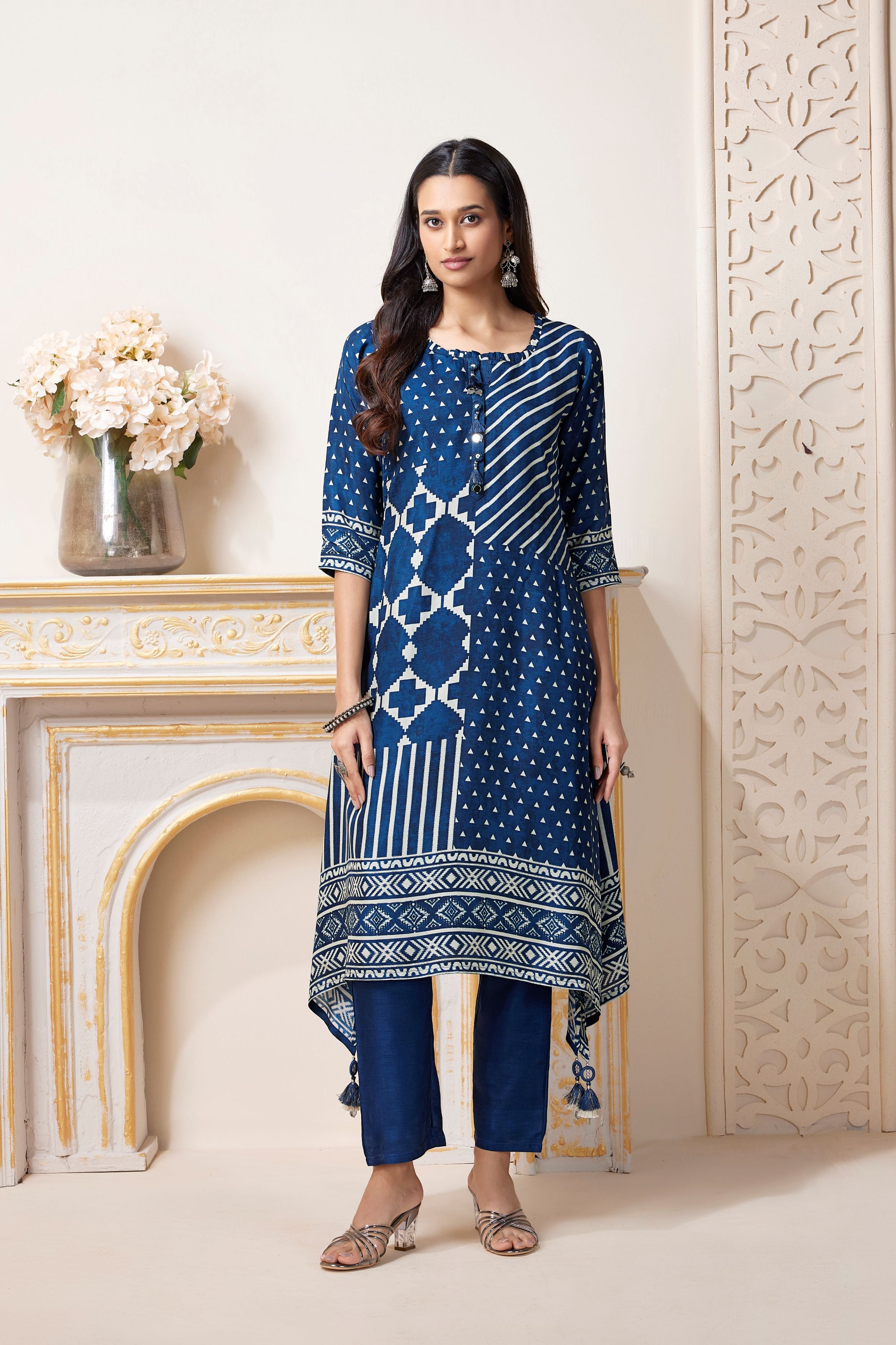 Teal Blue Printed Muslin Silk Kurta Set