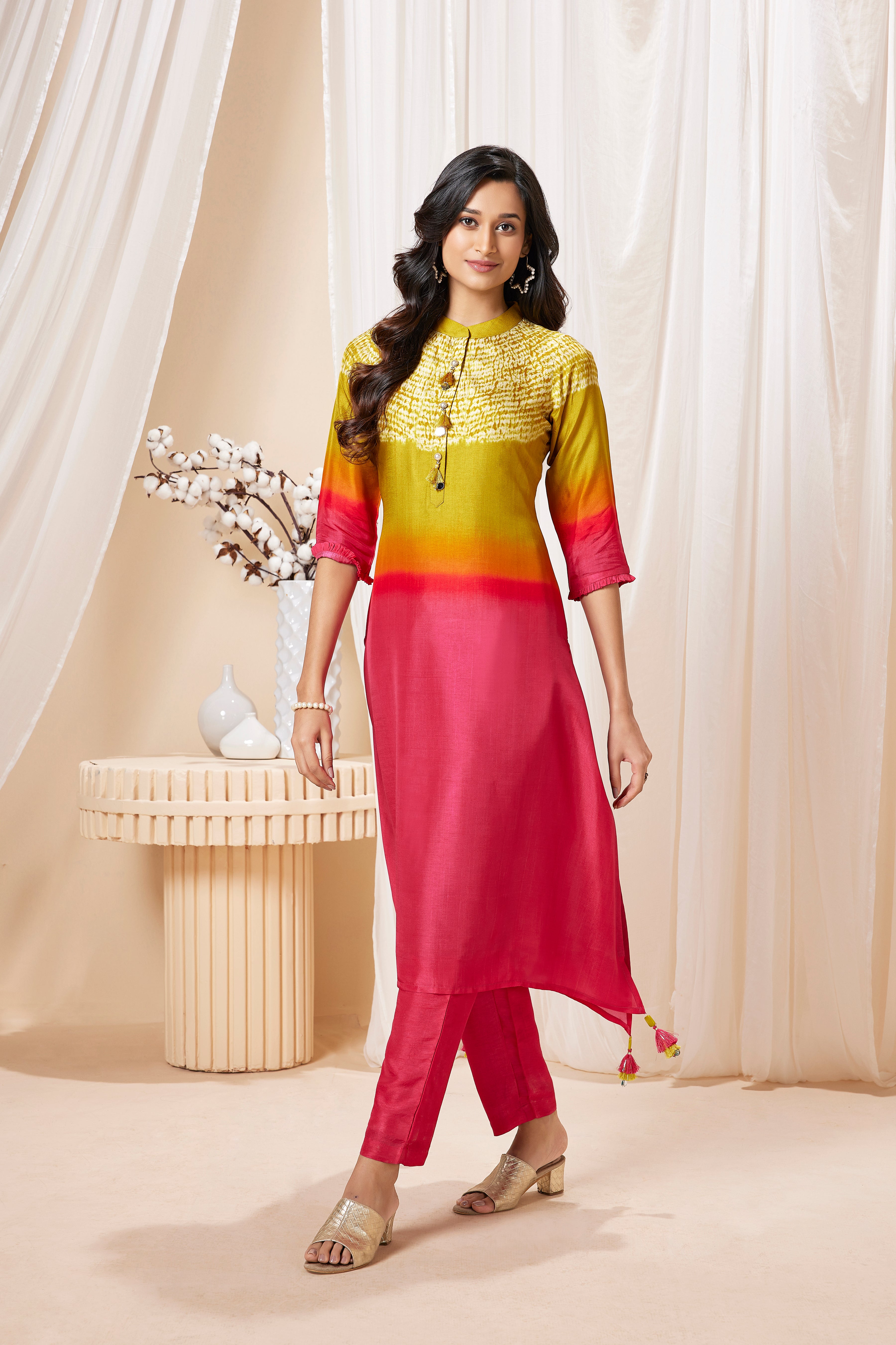 Green Ombre Dye Raw Silk Kurta Set