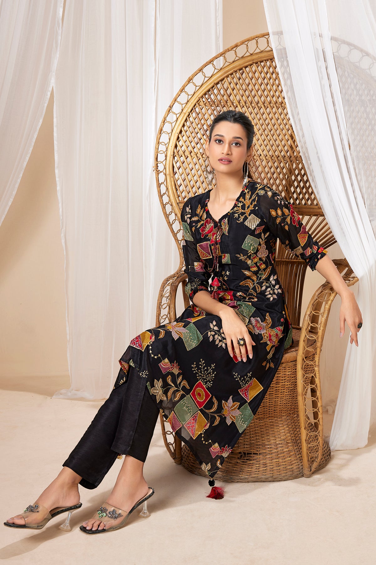 Midnight Black Embellished Raw Silk Pant Set