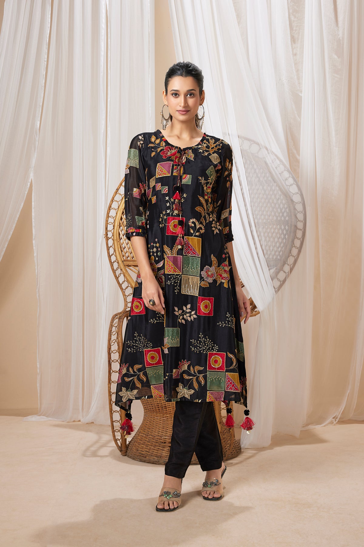 Midnight Black Embellished Raw Silk Pant Set