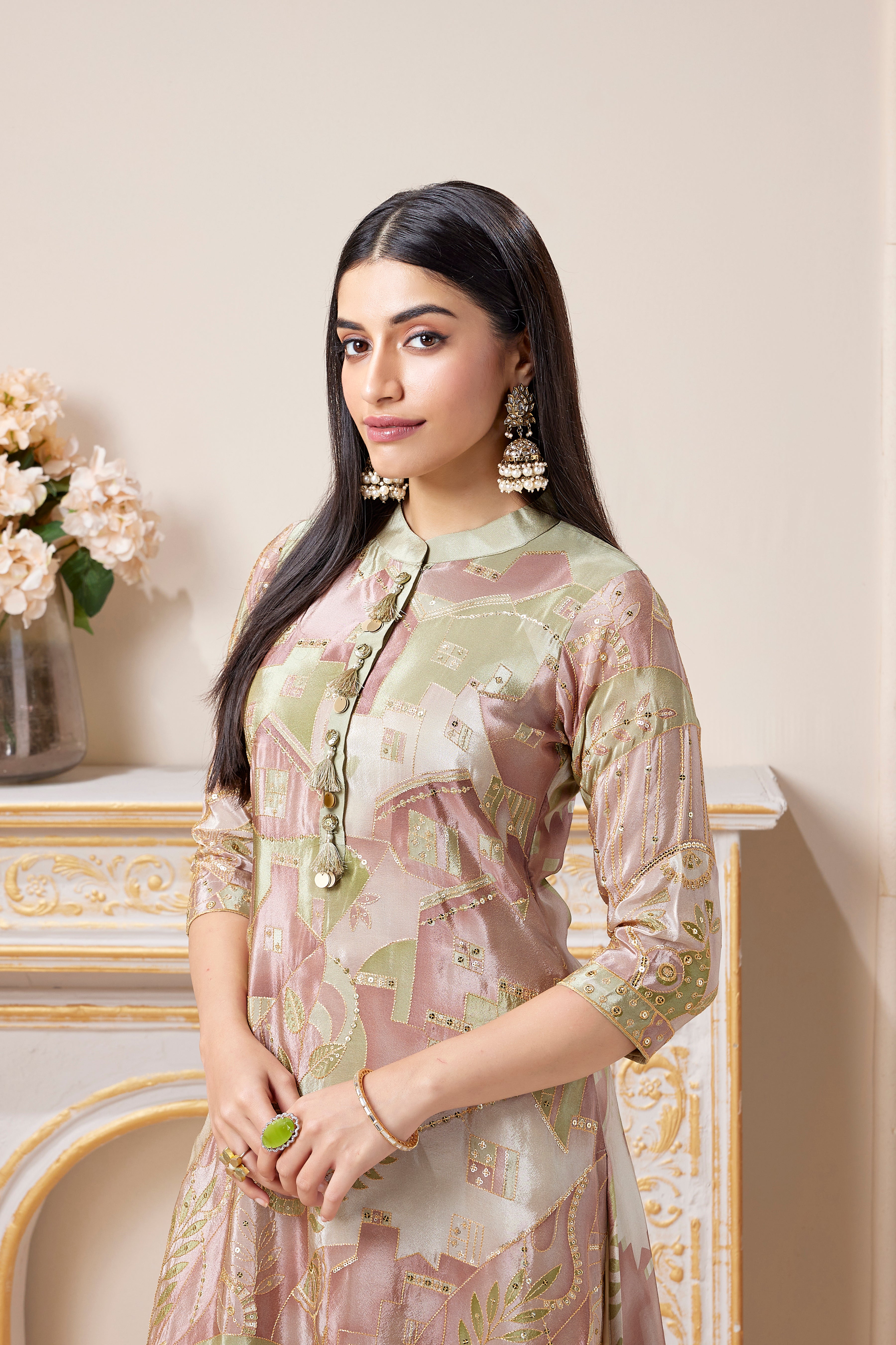 Pastel Green & Pink Embellished Shimmer Tissue Silk Kurta Set