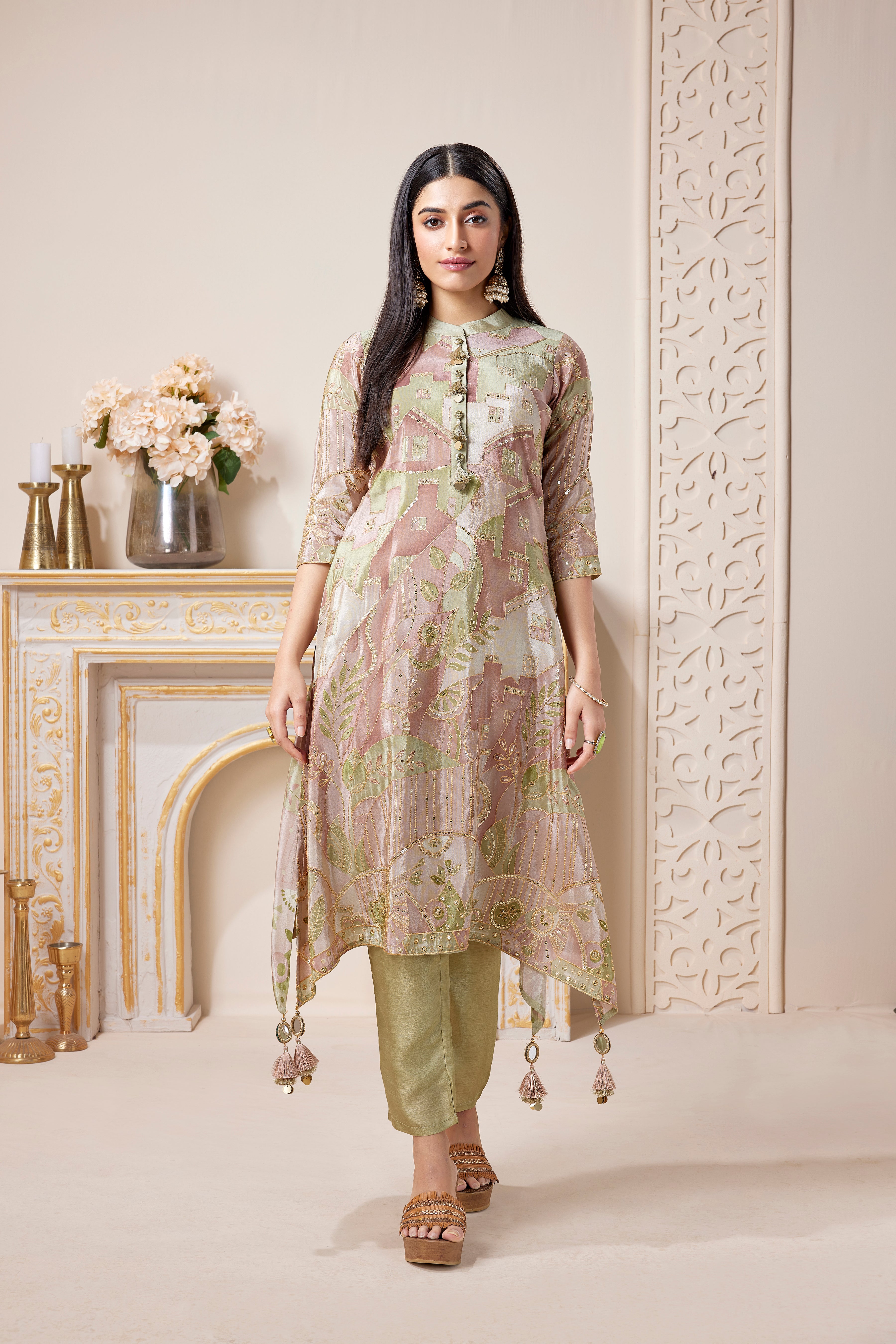 Pastel Green & Pink Embellished Shimmer Tissue Silk Kurta Set