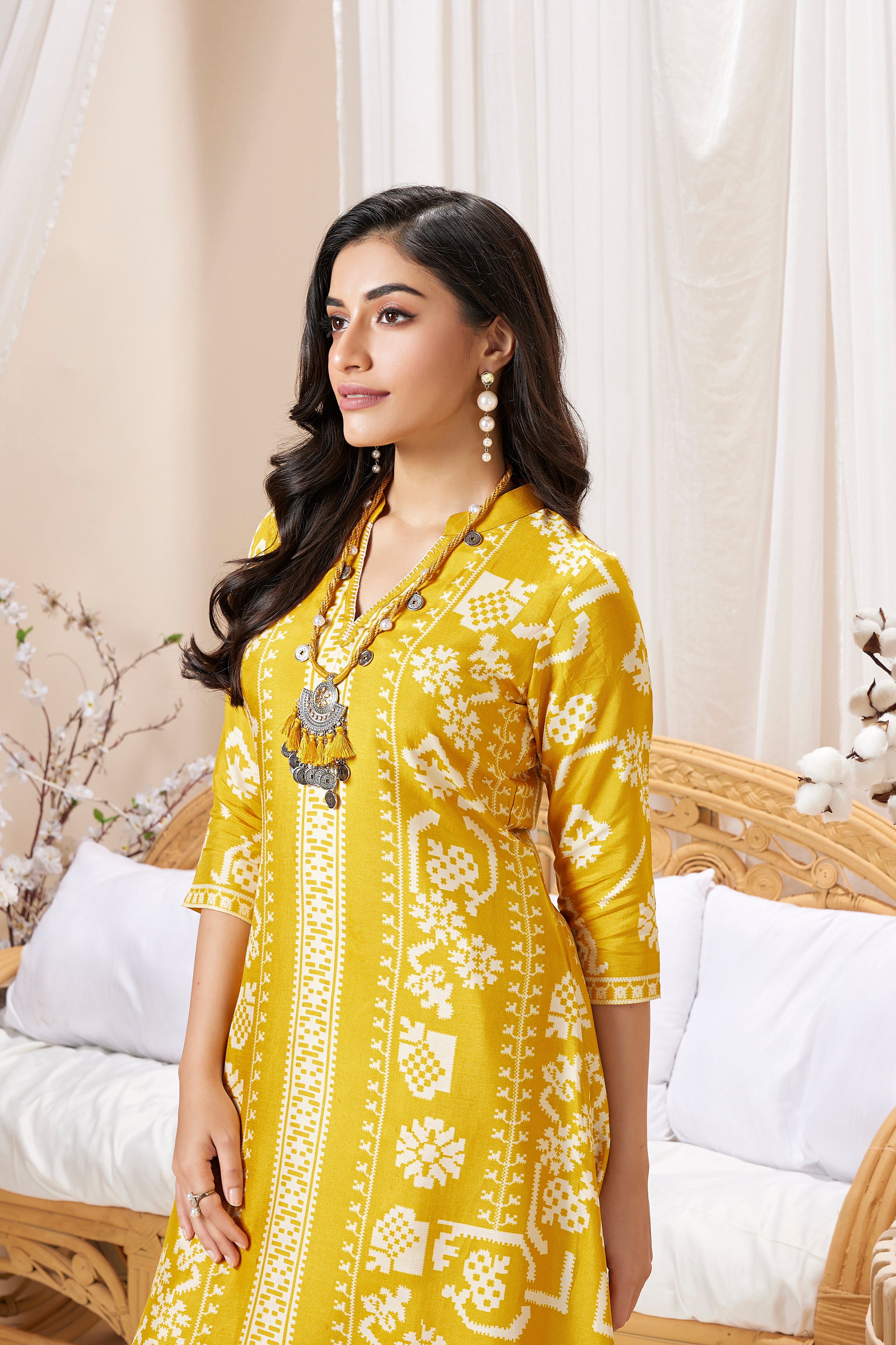 Mustard Yellow Printed Muslin Silk Kurta Set