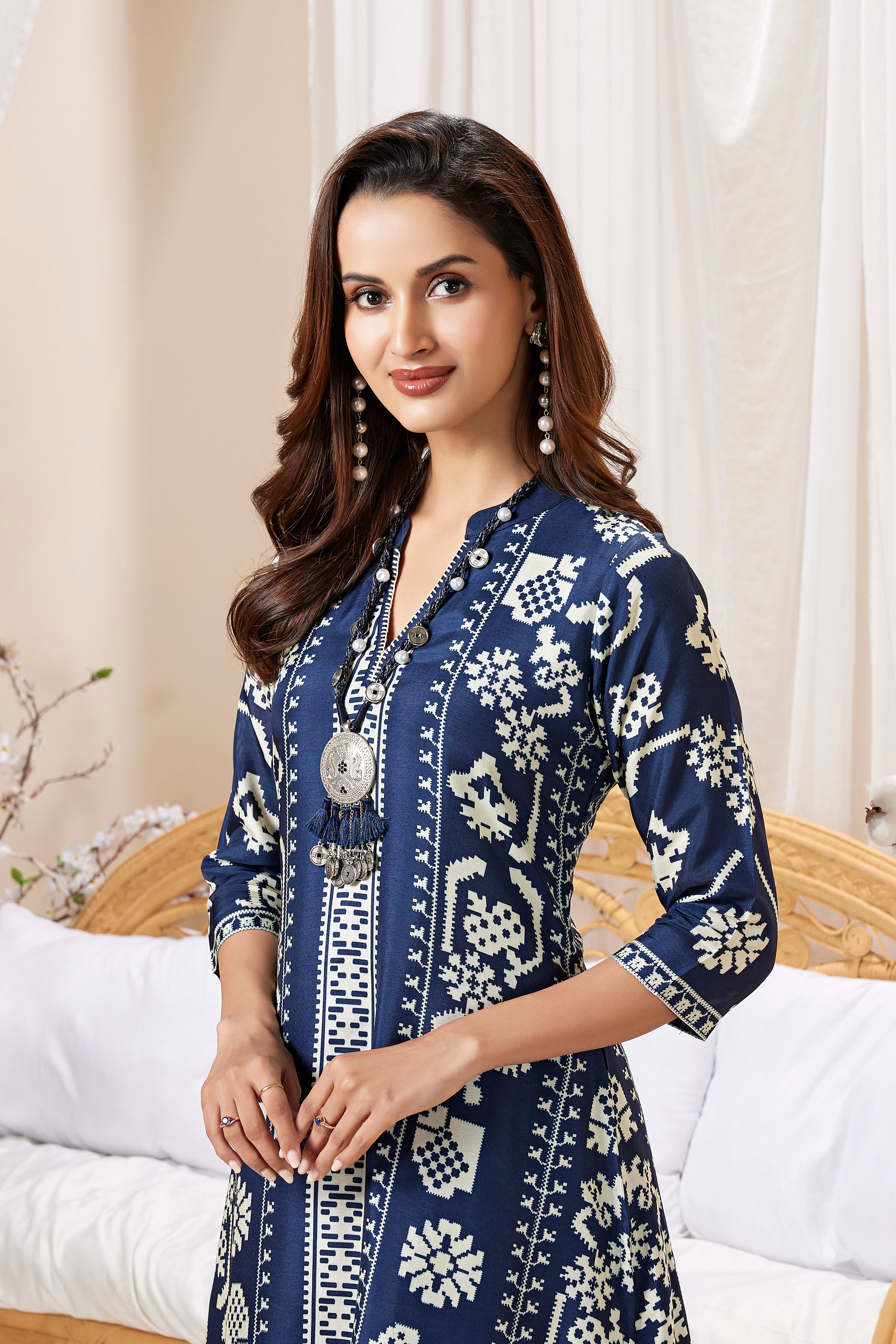 Blue Printed Muslin Silk Kurta Set