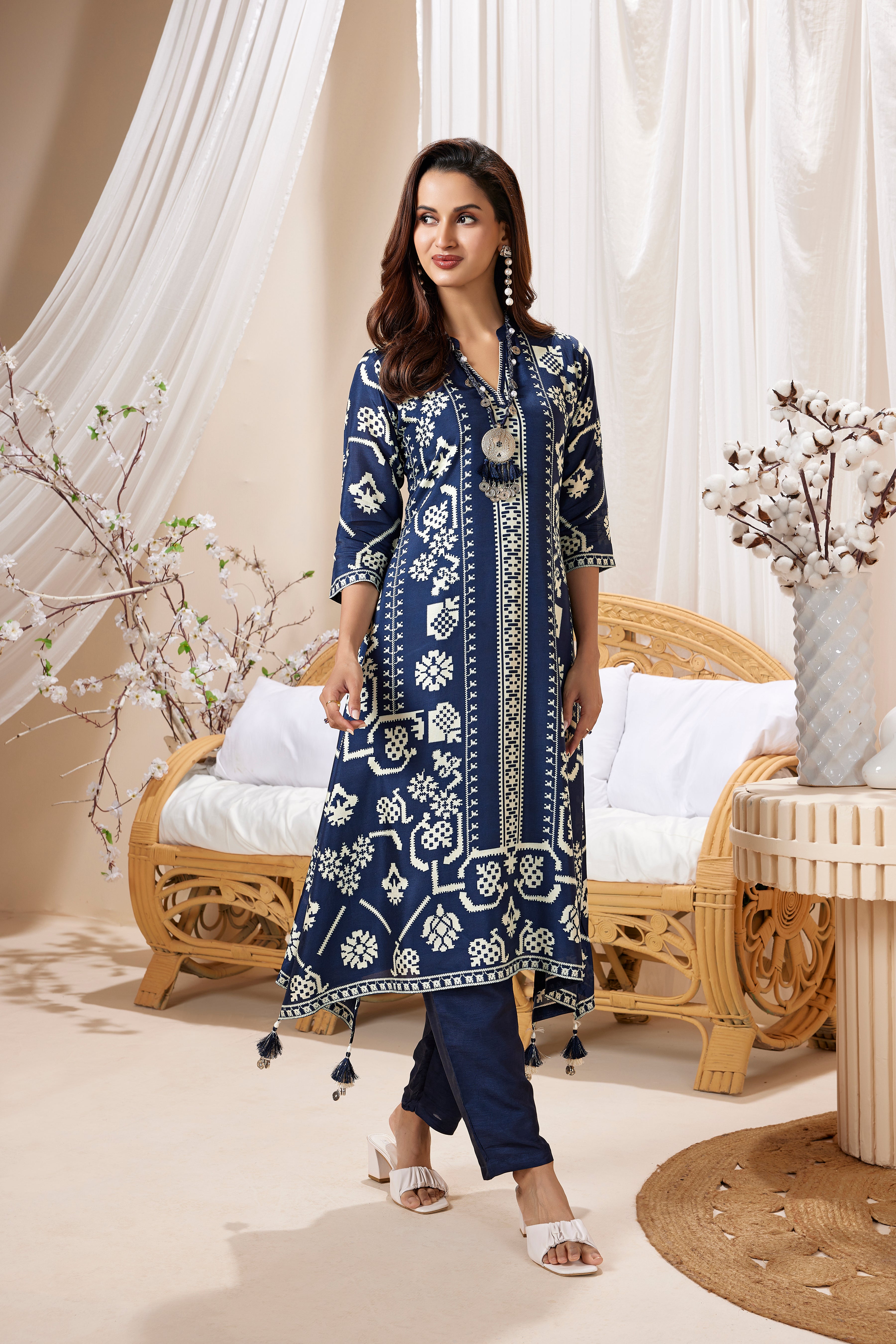 Blue Printed Muslin Silk Kurta Set