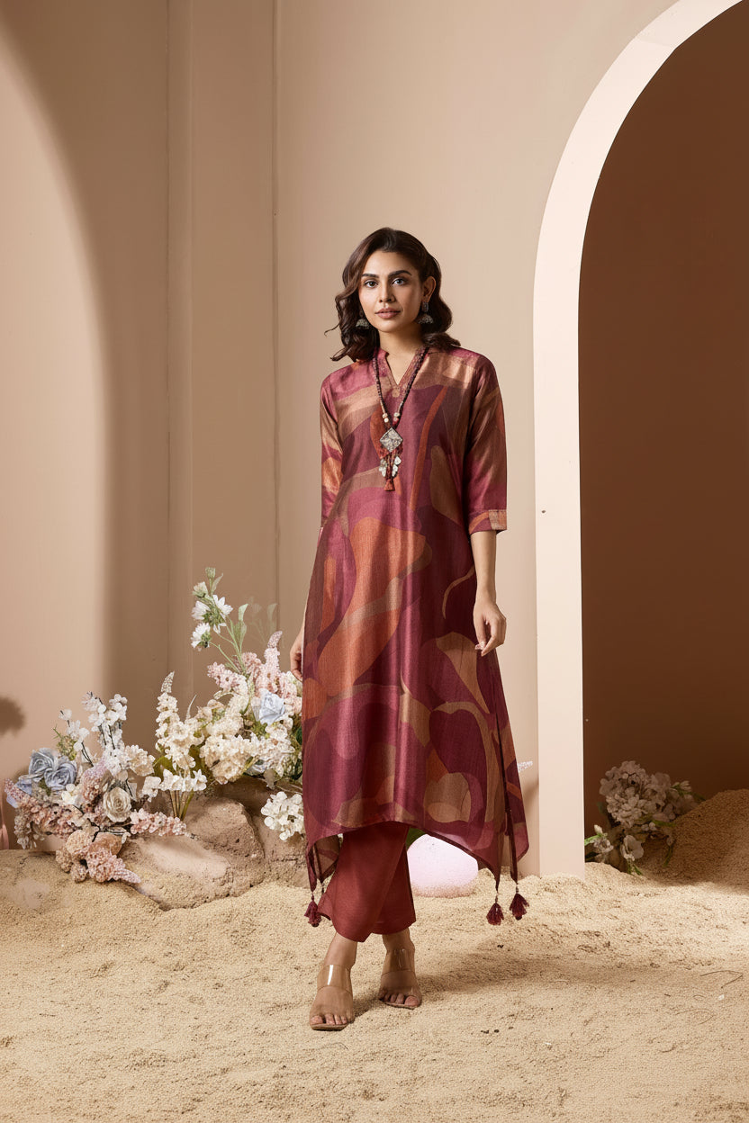 Maroon Rust Printed Chinon Silk Pant Set