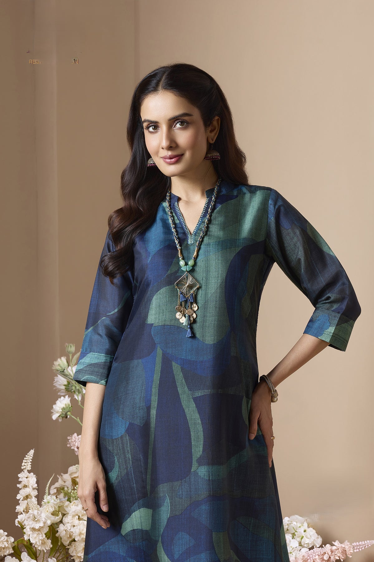 Navy Blue Printed Chinon Silk Pant Set